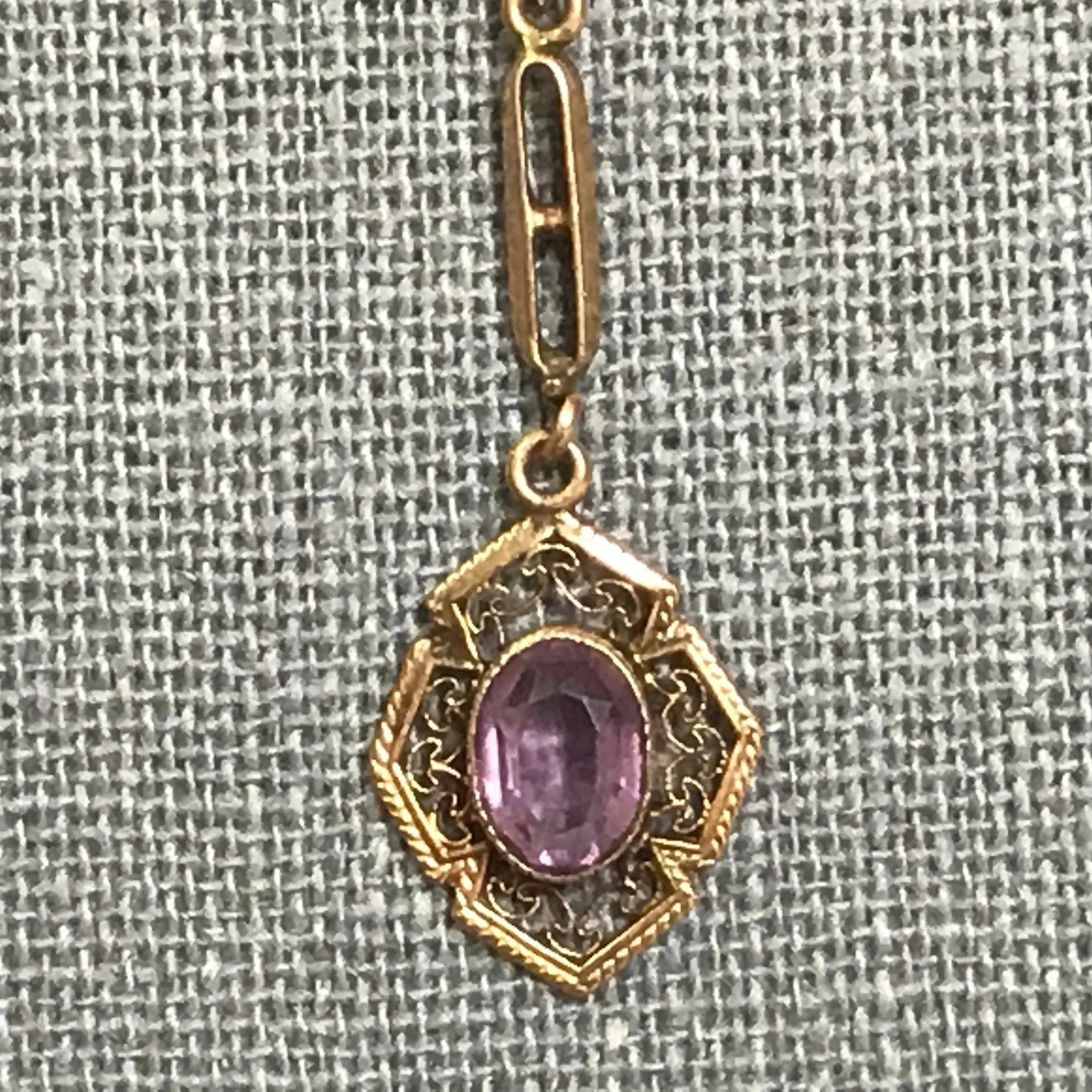 Antique Amethyst Drop Pendant set in 10K Yellow Gold. February Birthstone Estate Jewelry.