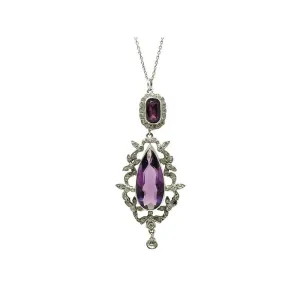 Antique Victorian French Amethyst Glass Paste Silver Pendant Necklace
