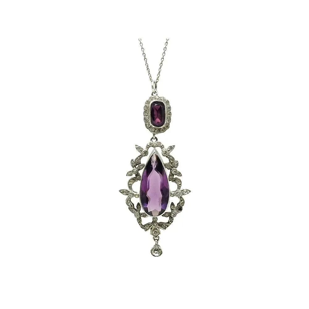 Antique Victorian French Amethyst Glass Paste Silver Pendant Necklace