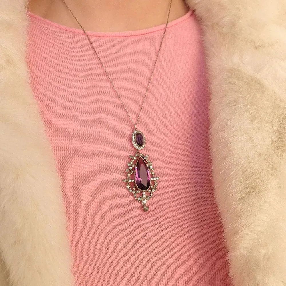 Antique Victorian French Amethyst Glass Paste Silver Pendant Necklace