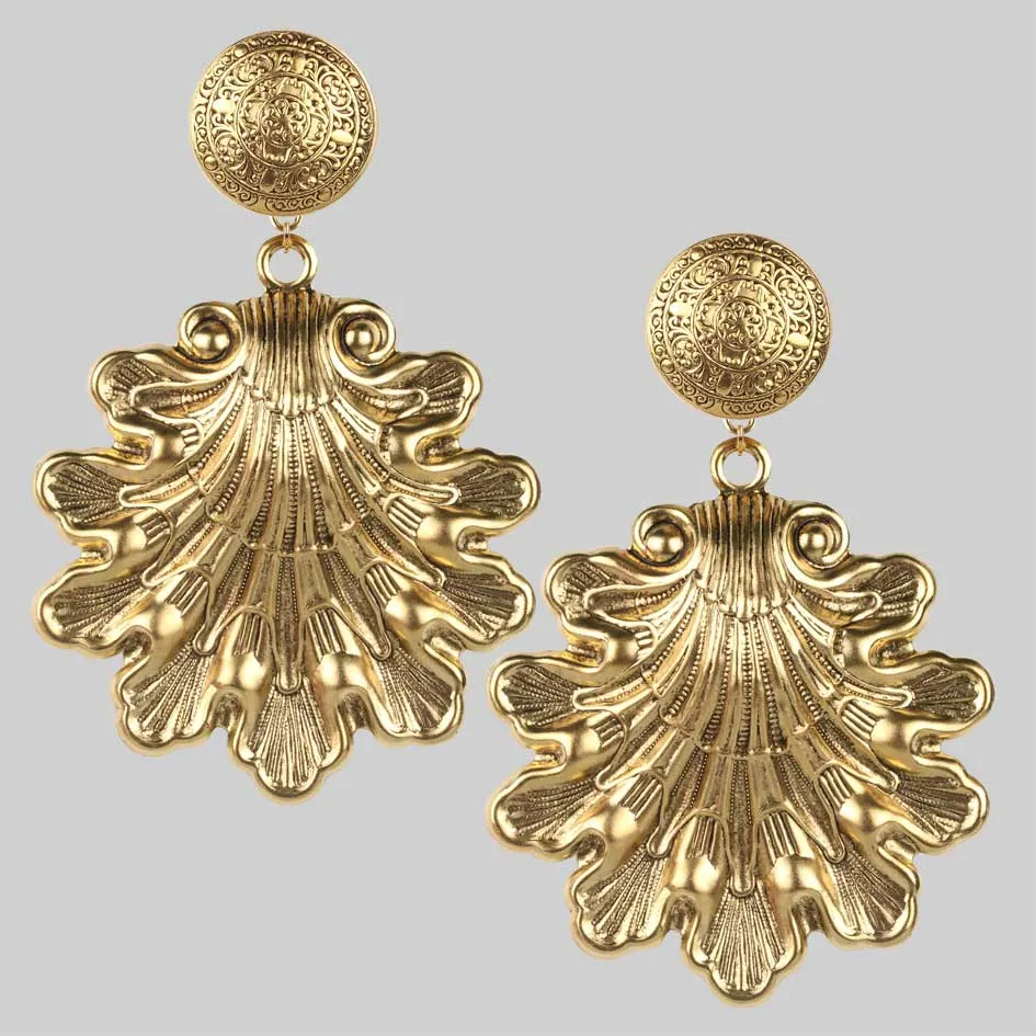 ARIEL. Ornate Shell Statement Earrings - Gold