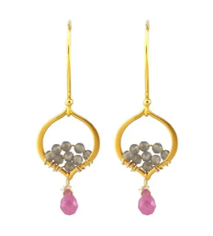 AVF Gold Petite Arabesque Pink Sapphire & Gray Moonstone Dangle Earrings (SI6727)