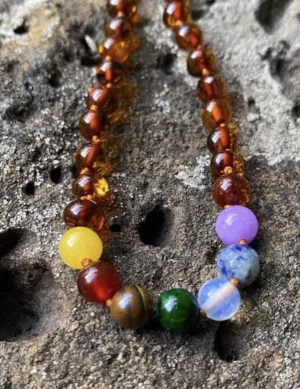 Baby Amber Necklace; Cognac & Mixed Bead - Amber House