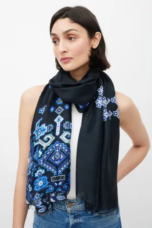 Black & Blue Pixel Printed Silk Scarf