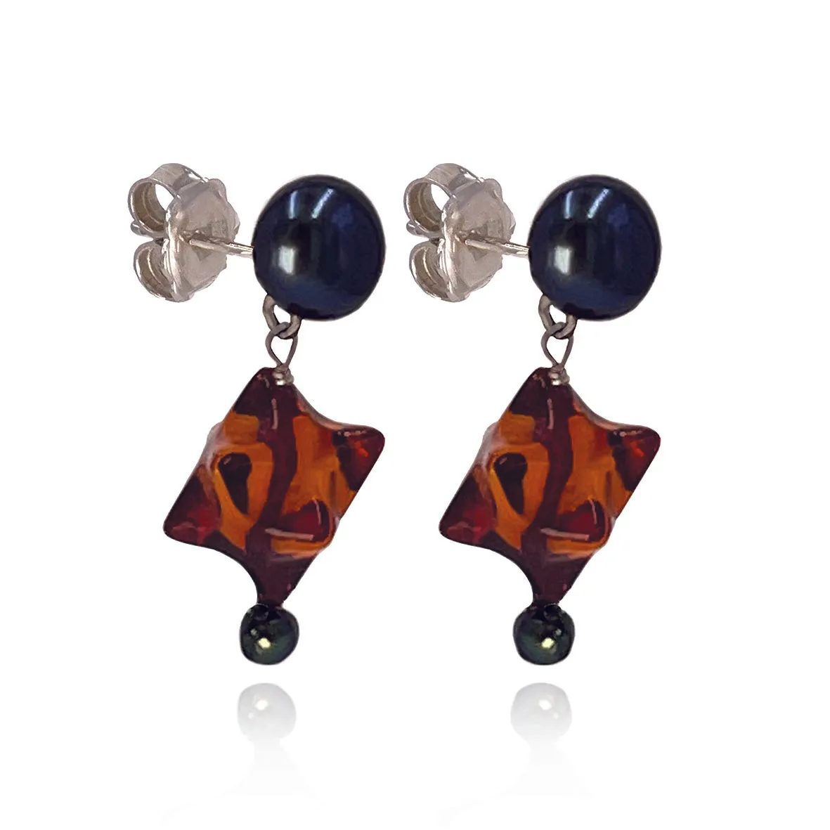 Black Freshwater Pearl & Amber 'Honey Drop' Kiss Earrings