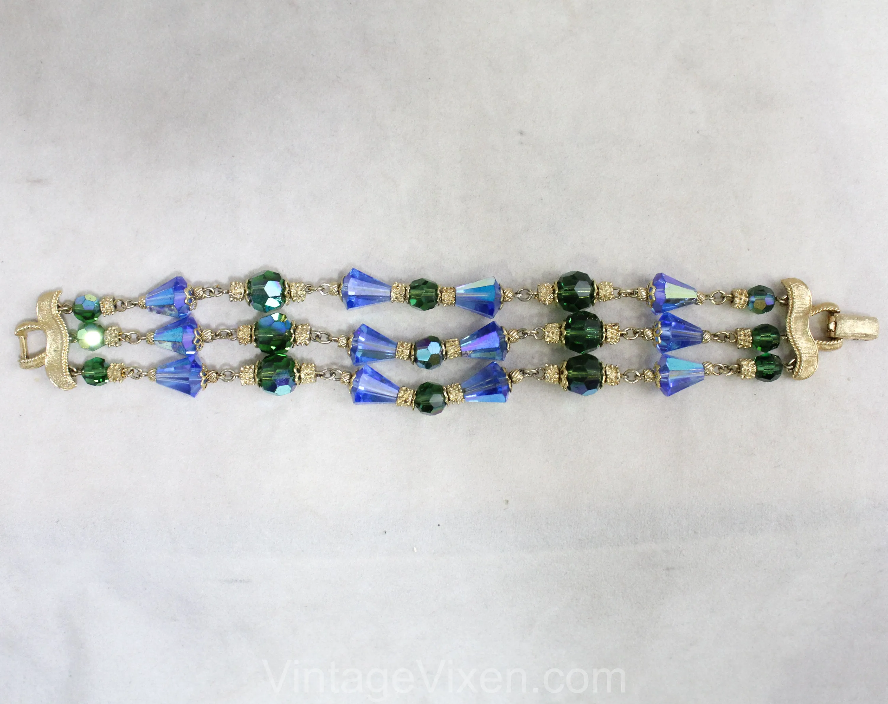 Blue & Green Beaded Glass Bracelet - Triple Strands - Gorgeous 1950s 1960s Jewelry by Corocraft - Sapphire Peridot Aurora Borealis - 50450