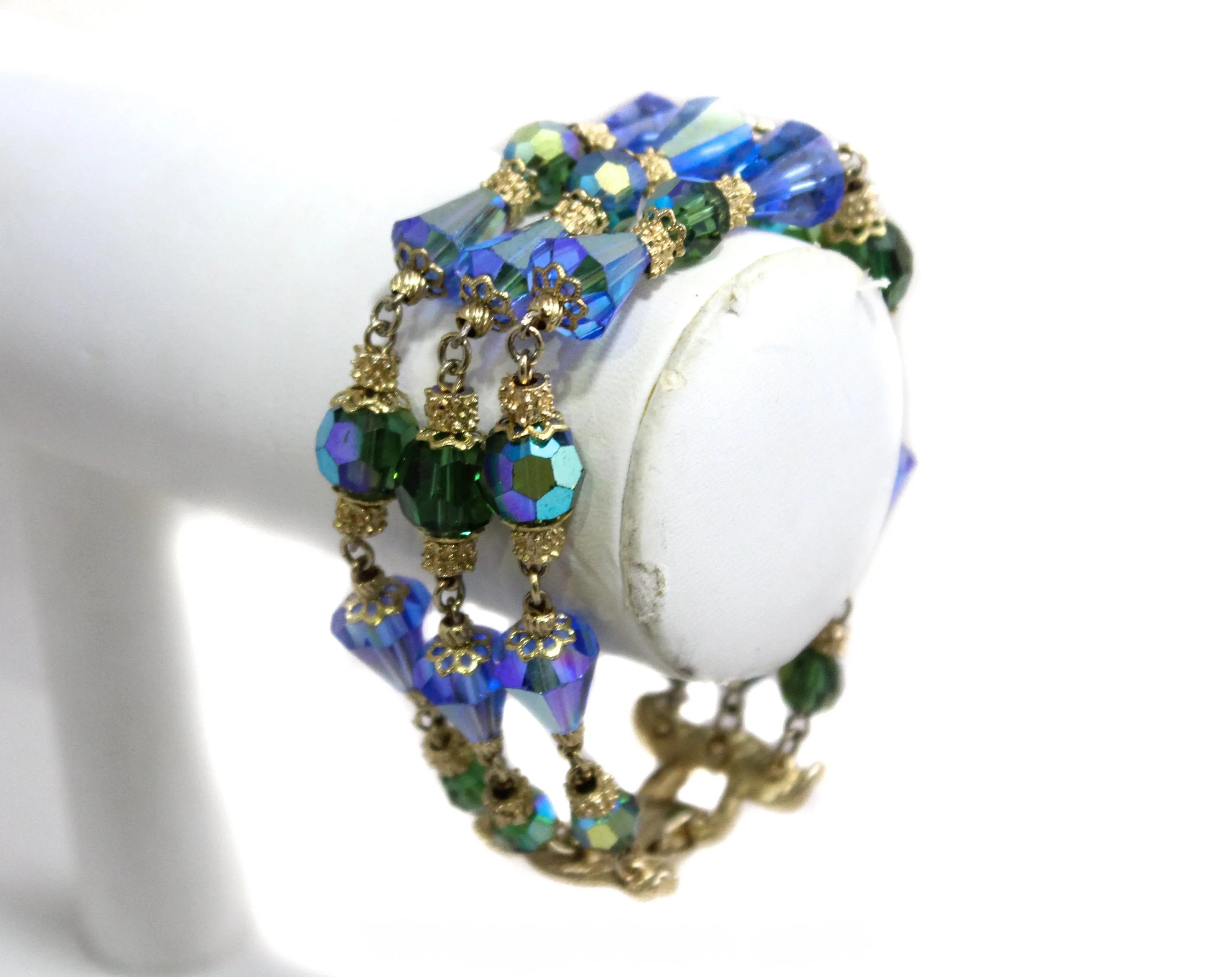 Blue & Green Beaded Glass Bracelet - Triple Strands - Gorgeous 1950s 1960s Jewelry by Corocraft - Sapphire Peridot Aurora Borealis - 50450