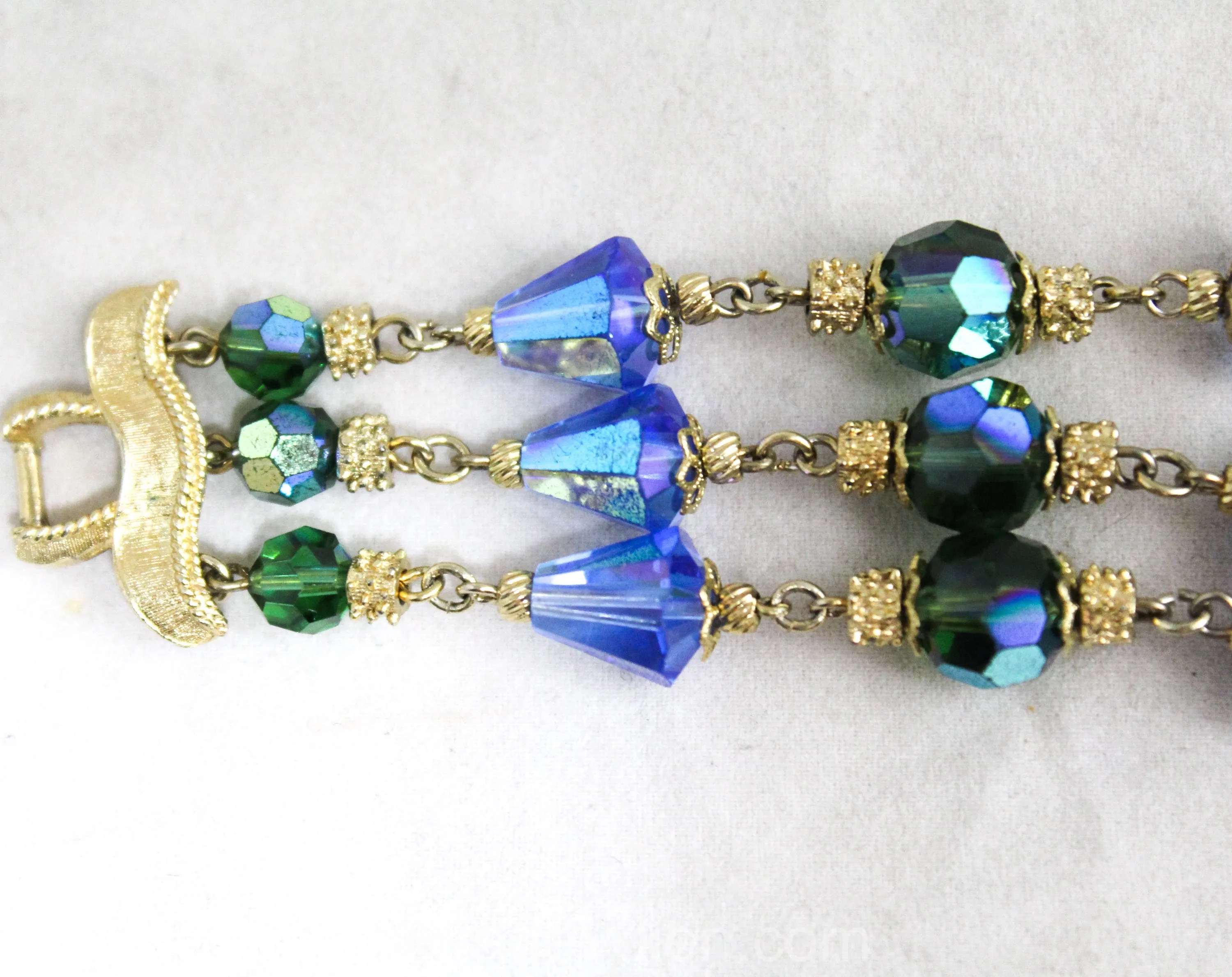 Blue & Green Beaded Glass Bracelet - Triple Strands - Gorgeous 1950s 1960s Jewelry by Corocraft - Sapphire Peridot Aurora Borealis - 50450