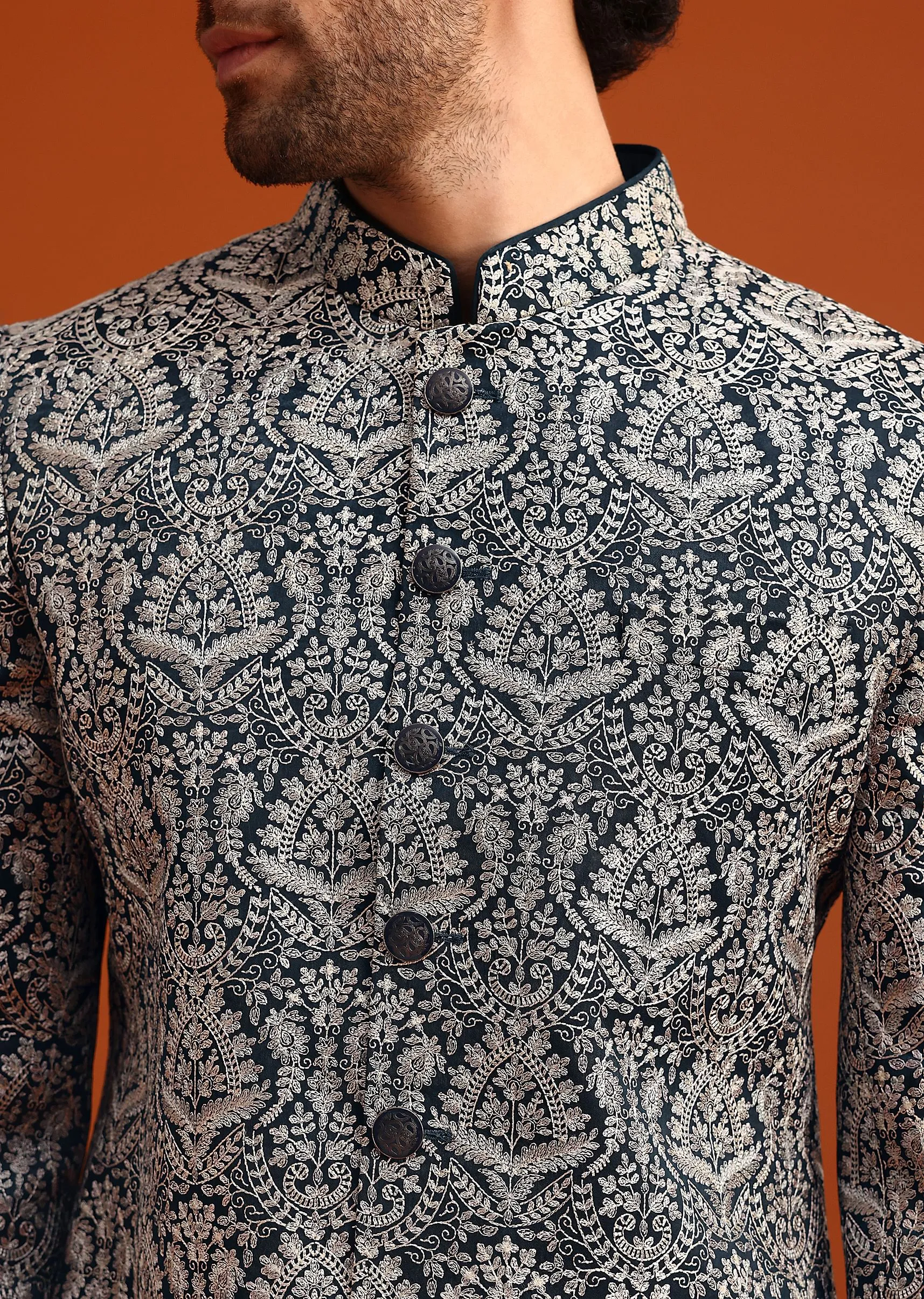Blue Sherwani Set With Kashmiri Work