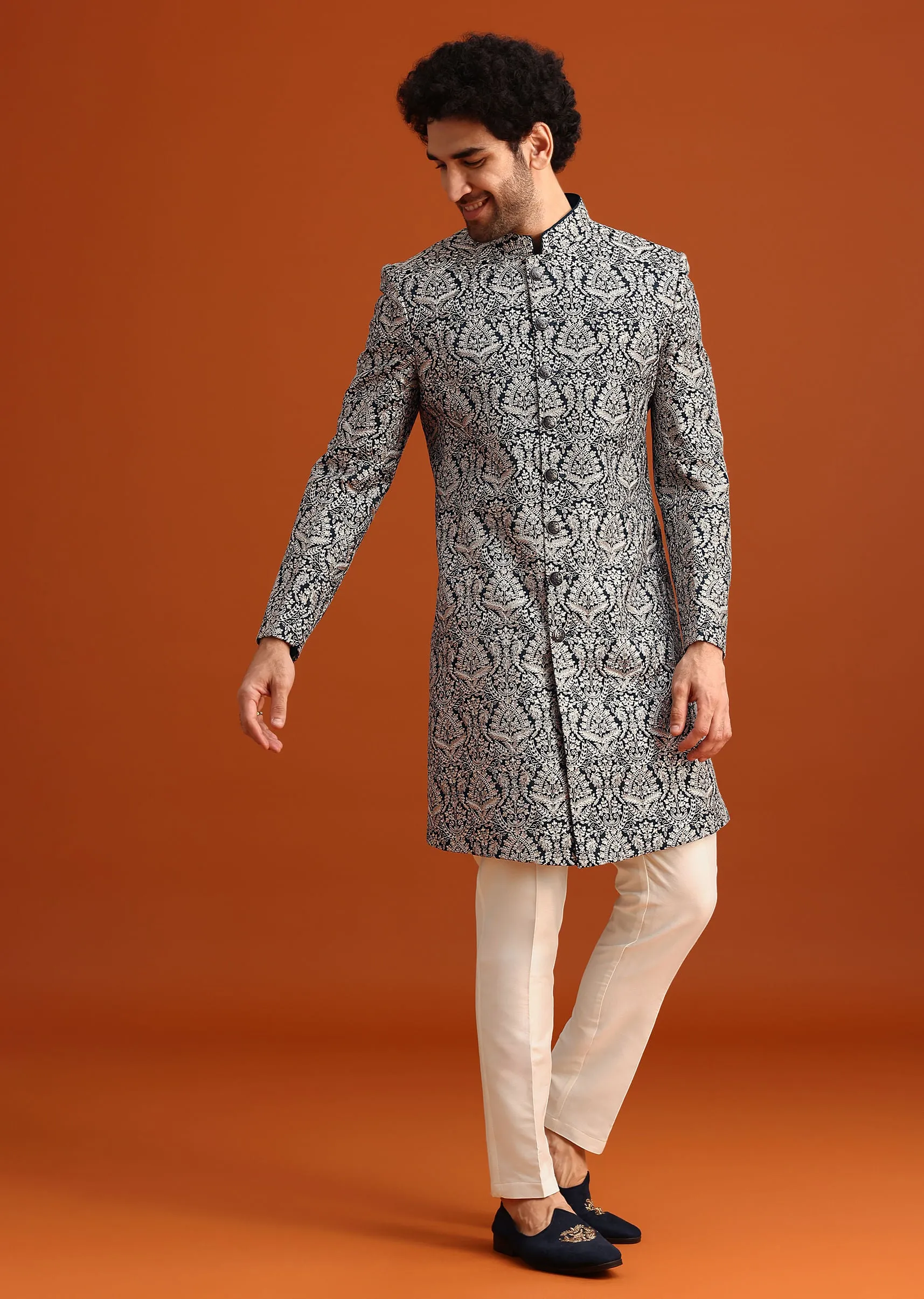Blue Sherwani Set With Kashmiri Work