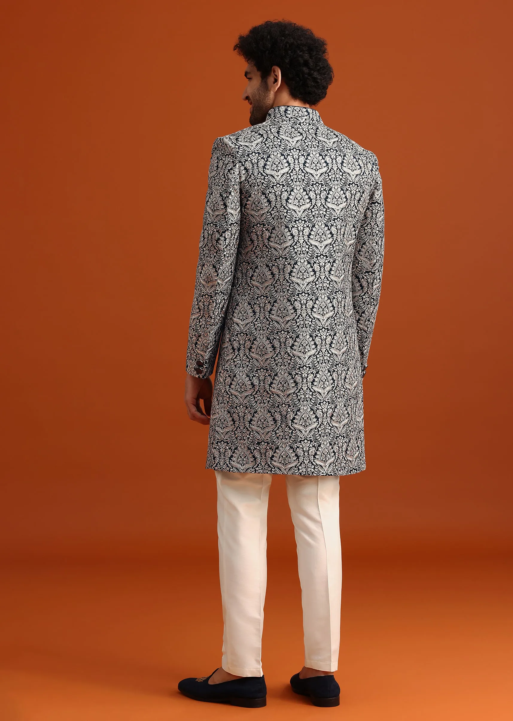 Blue Sherwani Set With Kashmiri Work