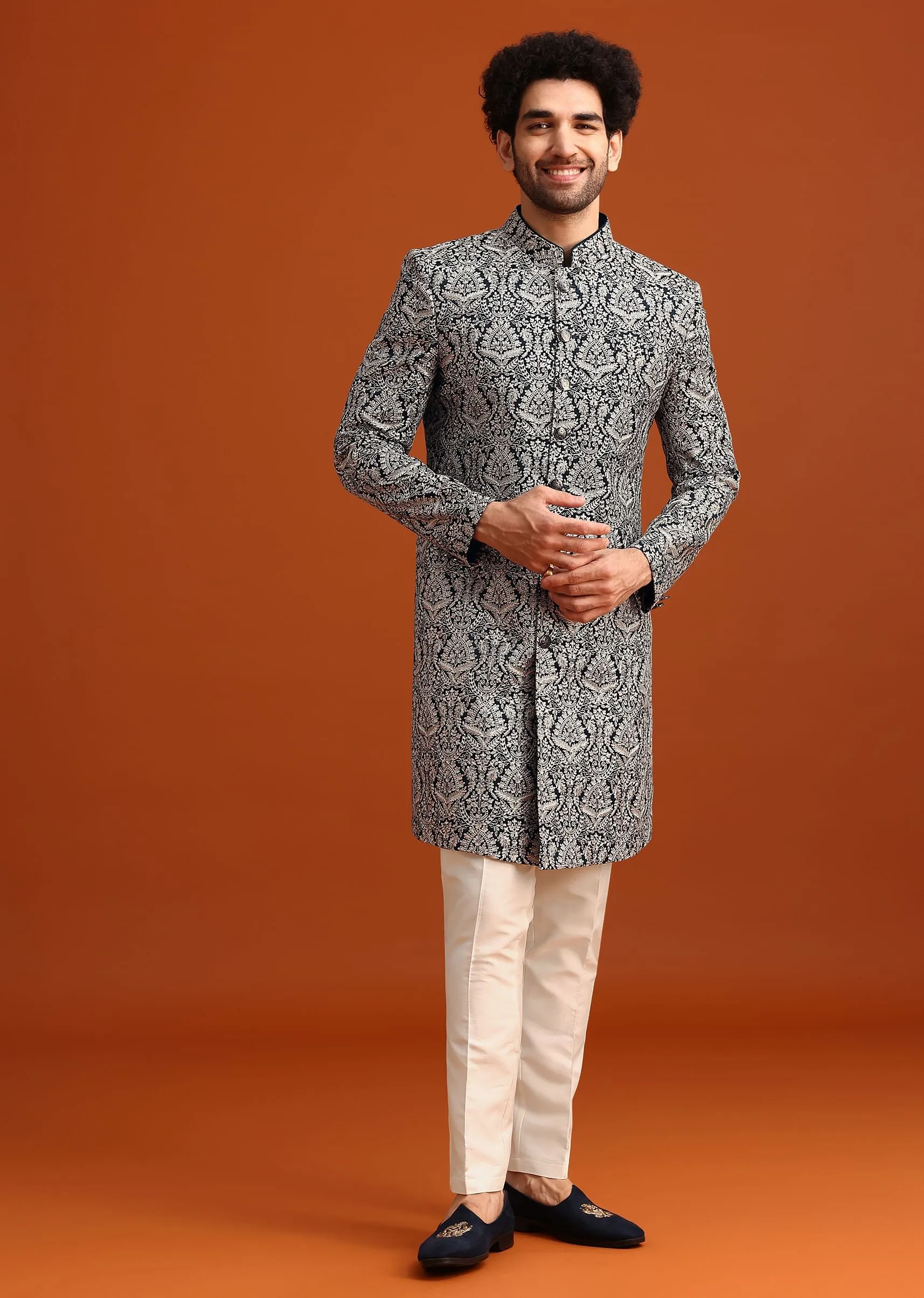 Blue Sherwani Set With Kashmiri Work