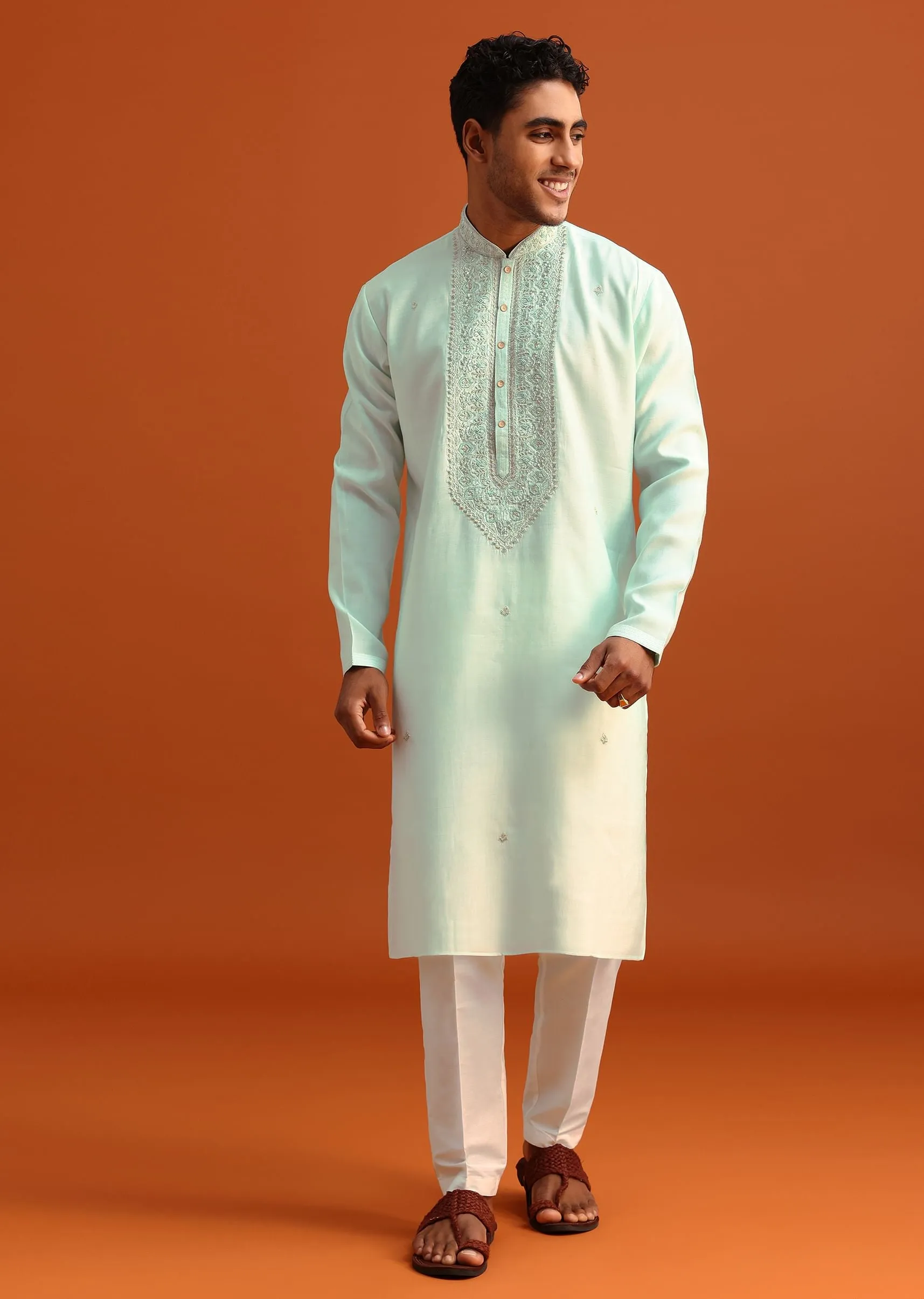 Blue Silk Hand Embroidered Kurta And Pant Set