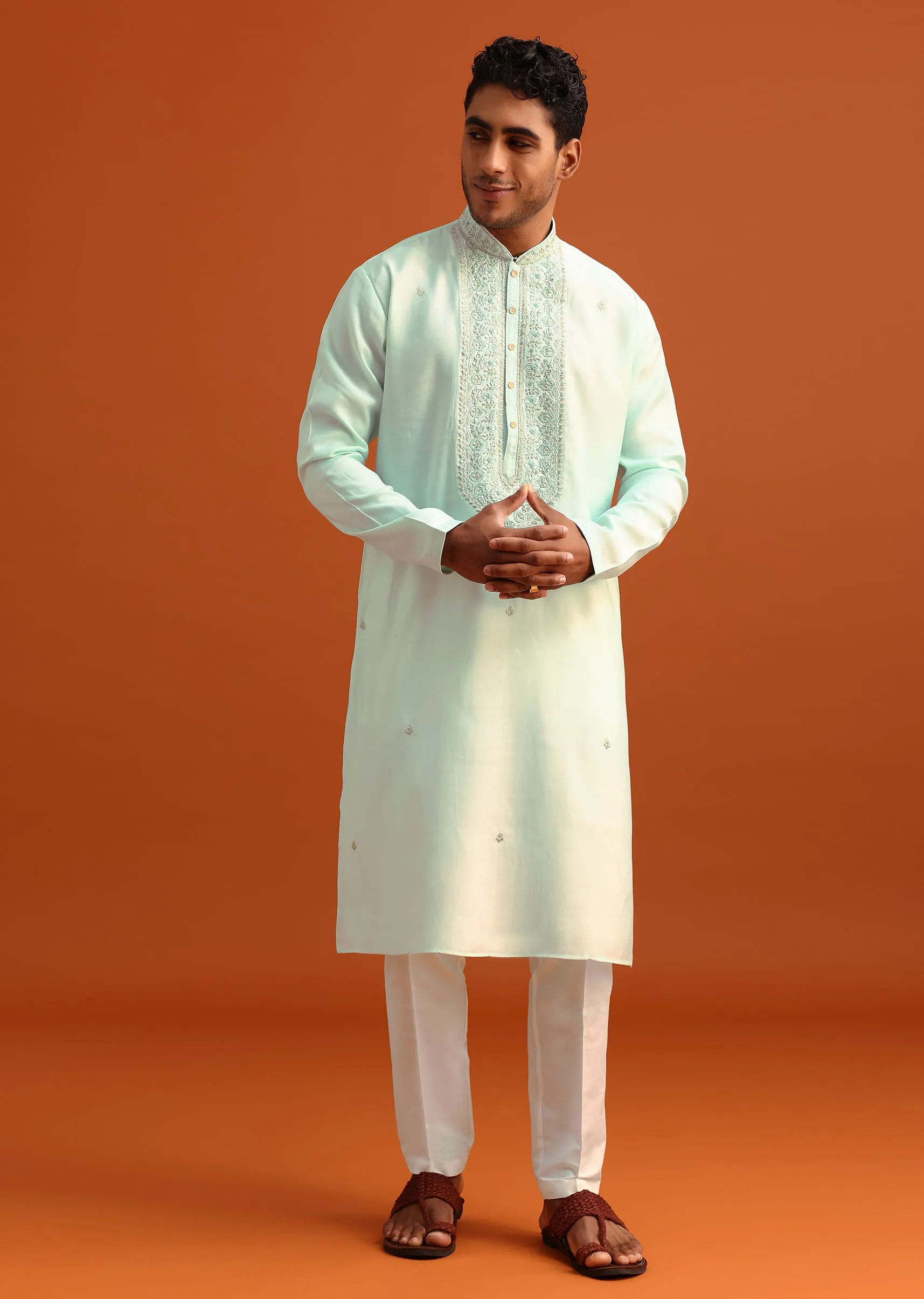 Blue Silk Hand Embroidered Kurta And Pant Set