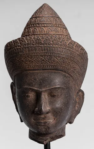 Buddha Statue - Antique Angkor Wat Style Stone Mounted Khmer Buddha Head - 42cm / 17"