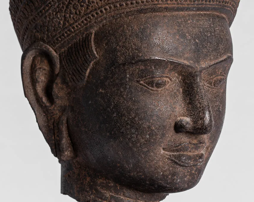 Buddha Statue - Antique Angkor Wat Style Stone Mounted Khmer Buddha Head - 42cm / 17"