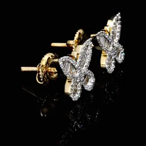 Butterfly Baguette Diamond Earrings Solid 14K Gold