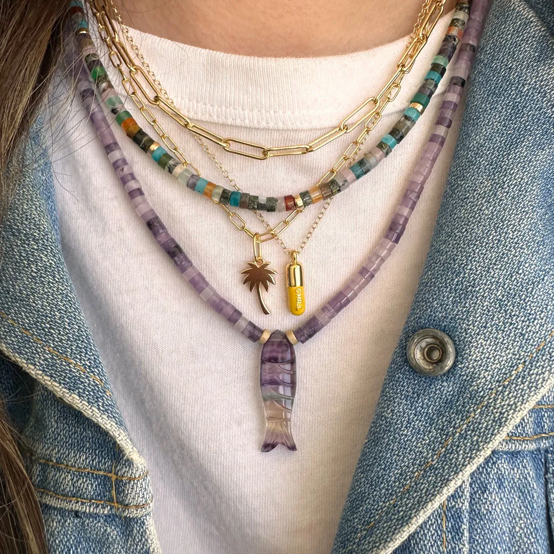 Carved Fluorite Gemstone Sardine Fish on Amethyst Beaded Necklace
