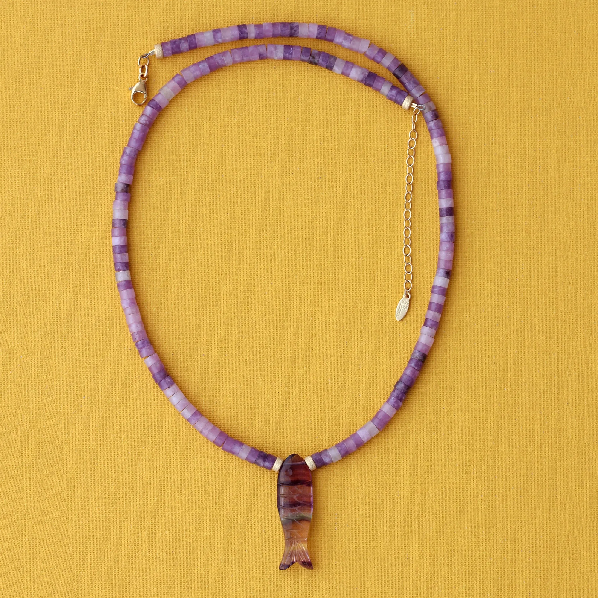 Carved Fluorite Gemstone Sardine Fish on Amethyst Beaded Necklace