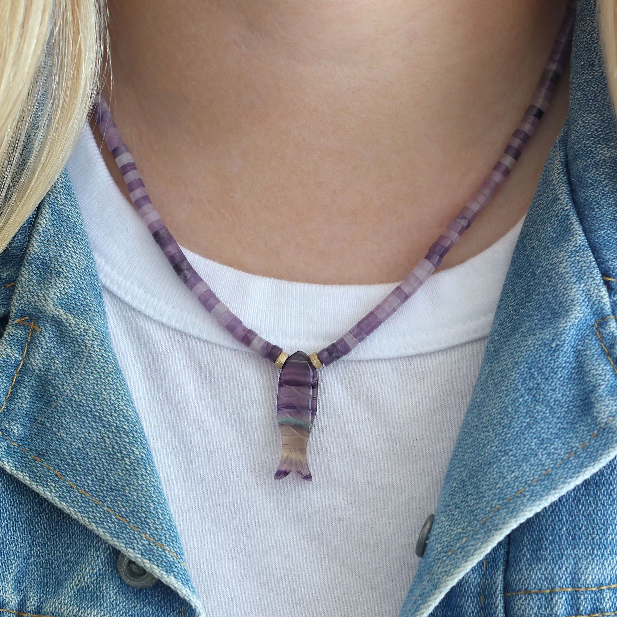 Carved Fluorite Gemstone Sardine Fish on Amethyst Beaded Necklace