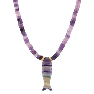 Carved Fluorite Gemstone Sardine Fish on Amethyst Beaded Necklace