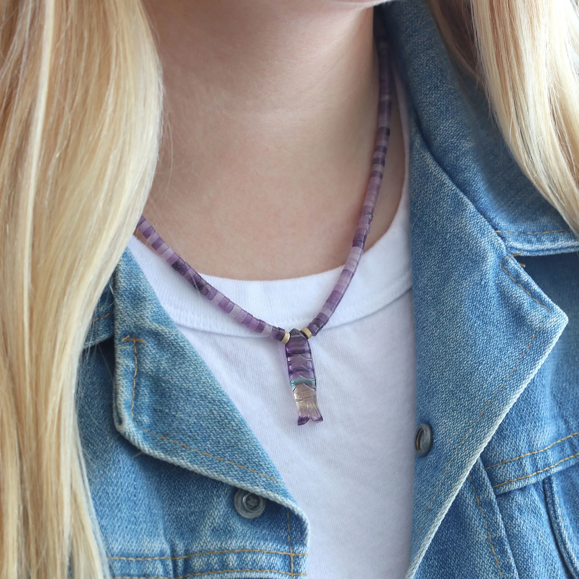 Carved Fluorite Gemstone Sardine Fish on Amethyst Beaded Necklace