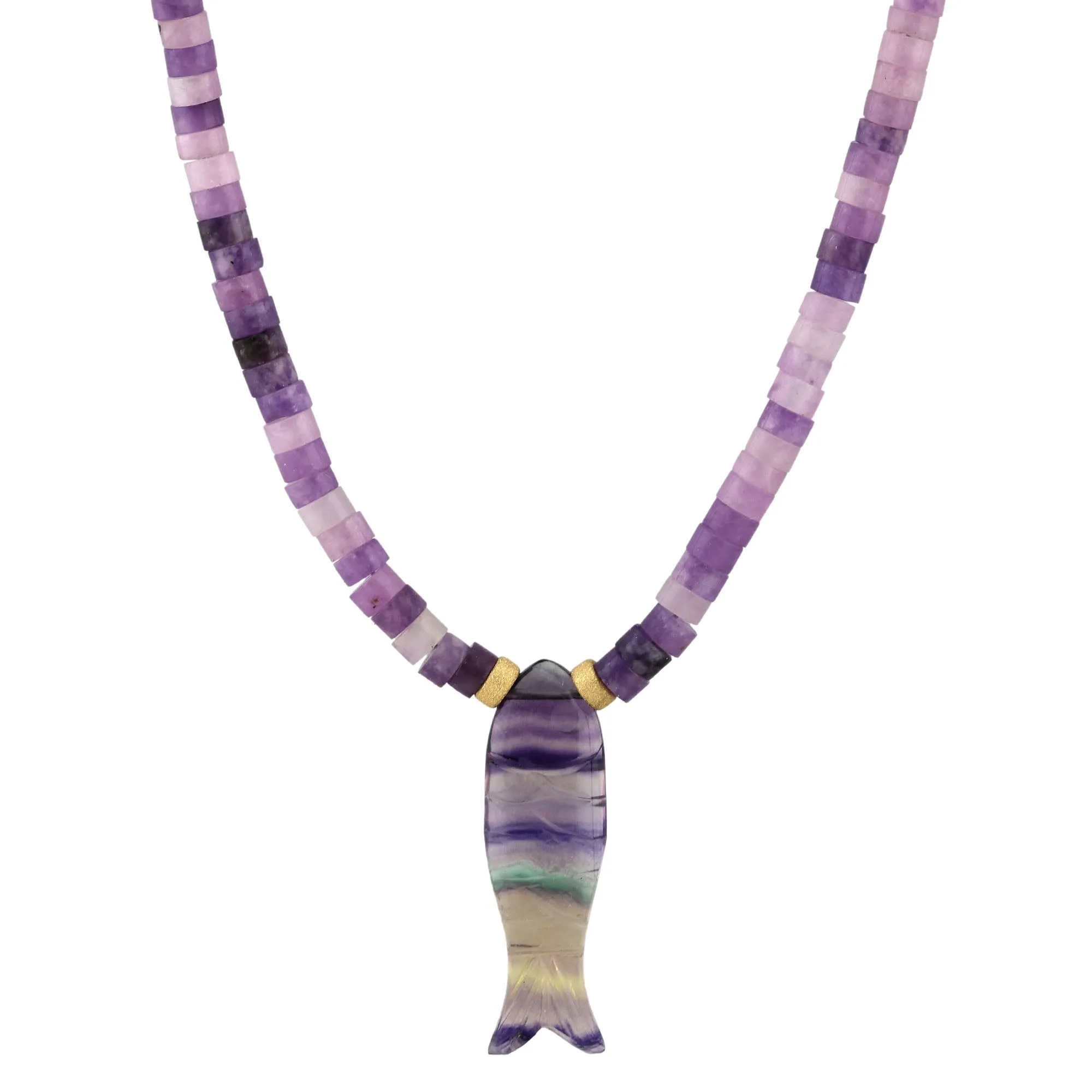 Carved Fluorite Gemstone Sardine Fish on Amethyst Beaded Necklace