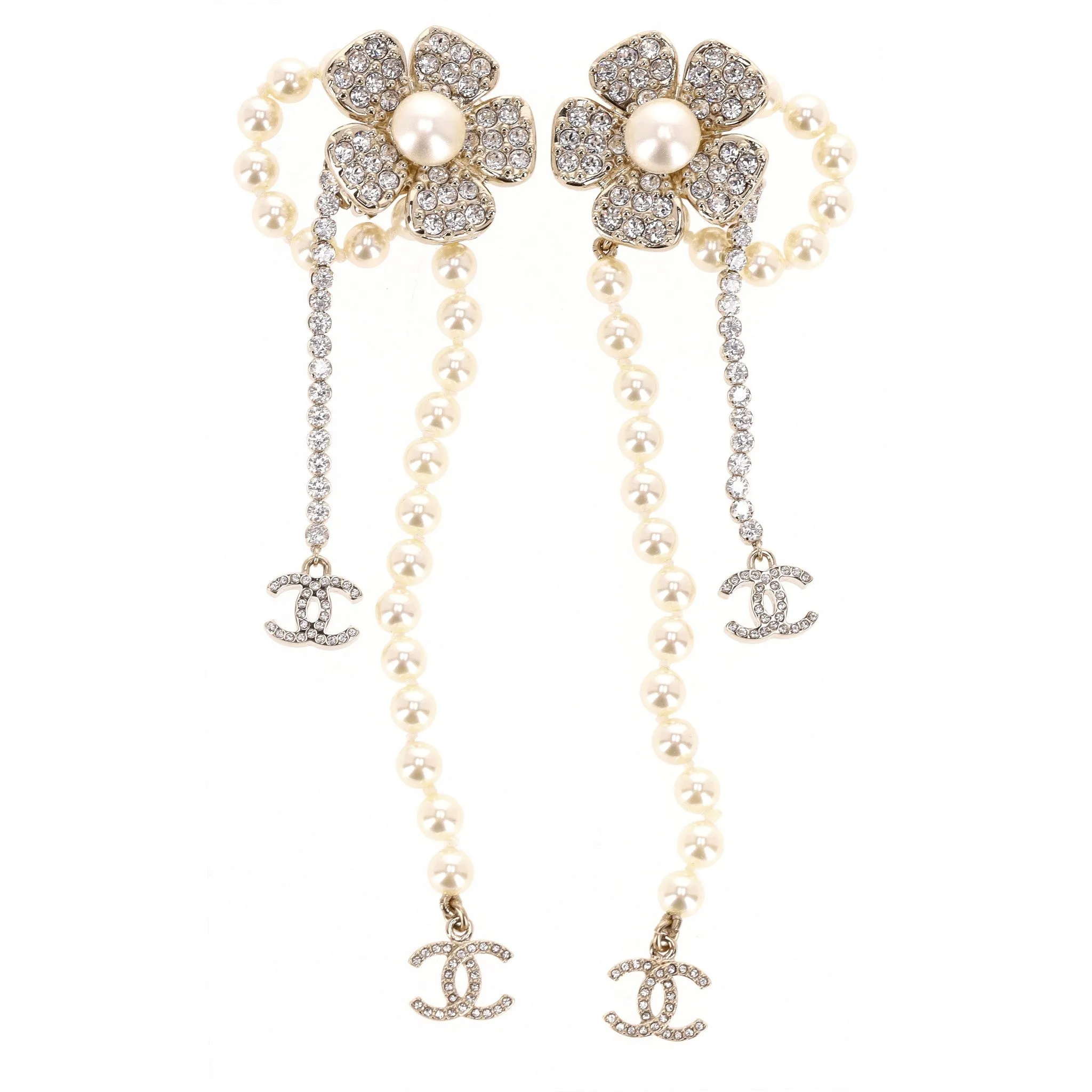 Chanel Camellia Flower, 'CC' Logo, Pearl & Strass Drop Earrings