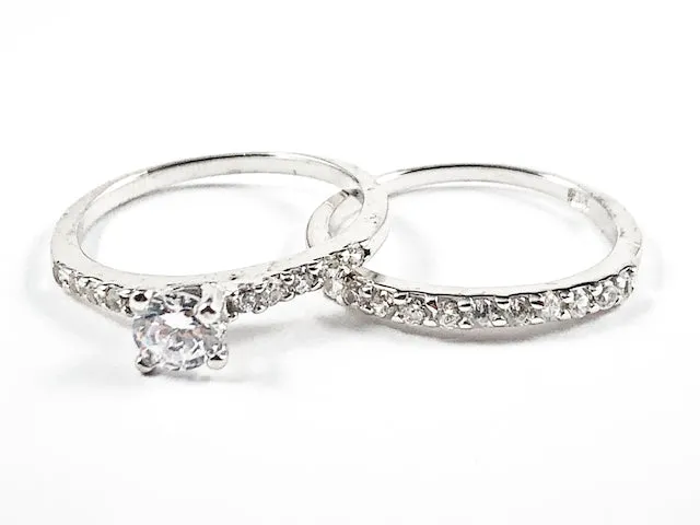 Classic Simple 2 Piece Set CZ Setting With Center Crown CZ Silver Ring