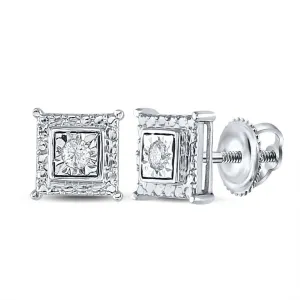 Cube Stud Halo Diamond Earrings .925 Sterling Silver
