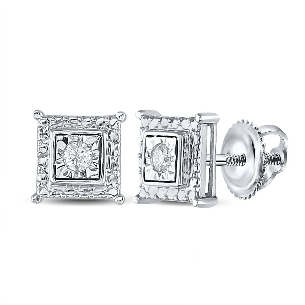 Cube Stud Halo Diamond Earrings .925 Sterling Silver