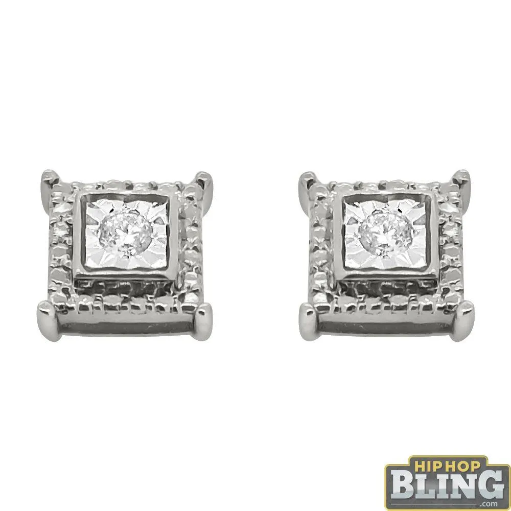 Cube Stud Halo Diamond Earrings .925 Sterling Silver