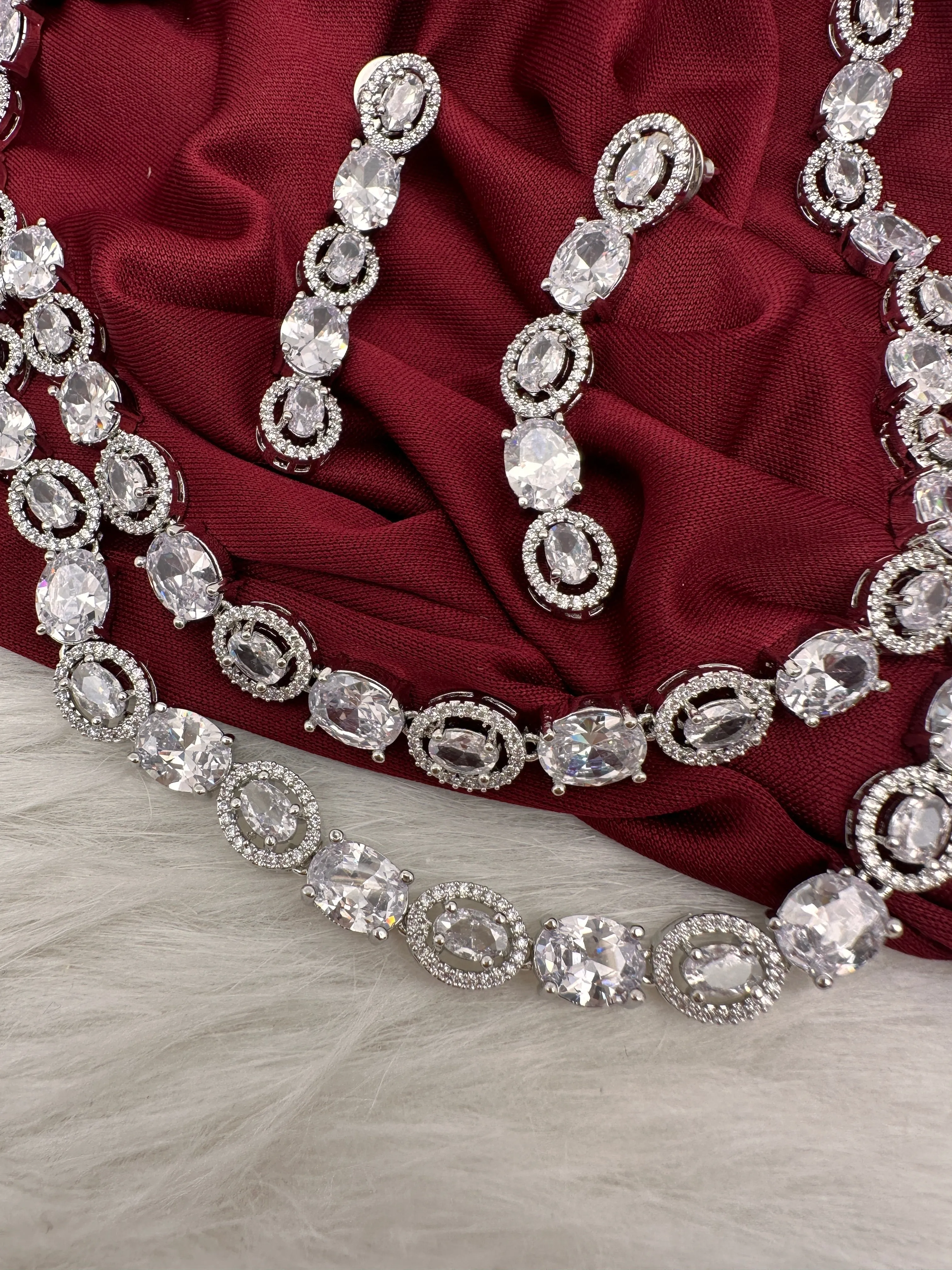 Cubic Zirconia Clear Stone Double Layer Short Necklace in Silver Finish