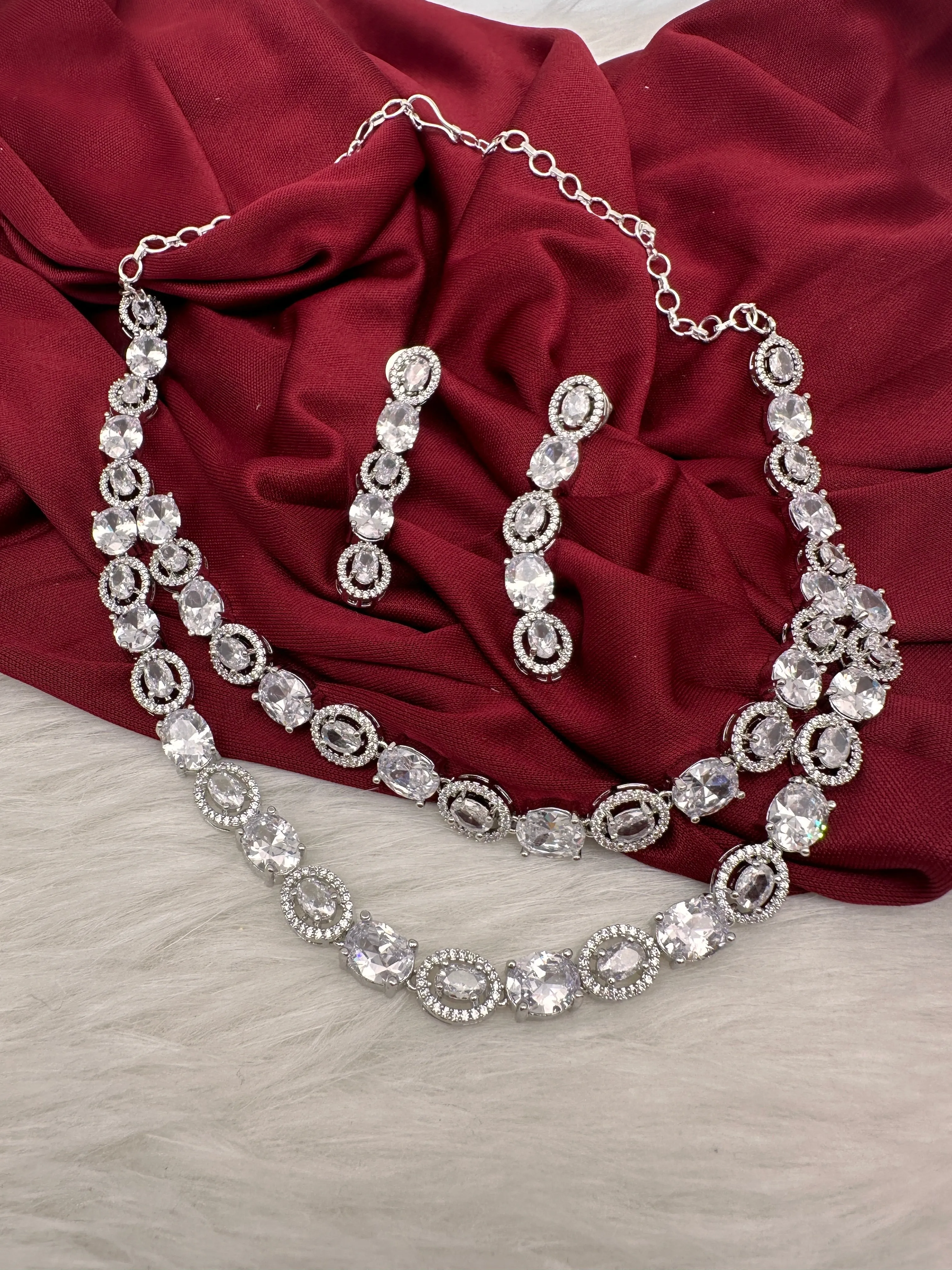 Cubic Zirconia Clear Stone Double Layer Short Necklace in Silver Finish