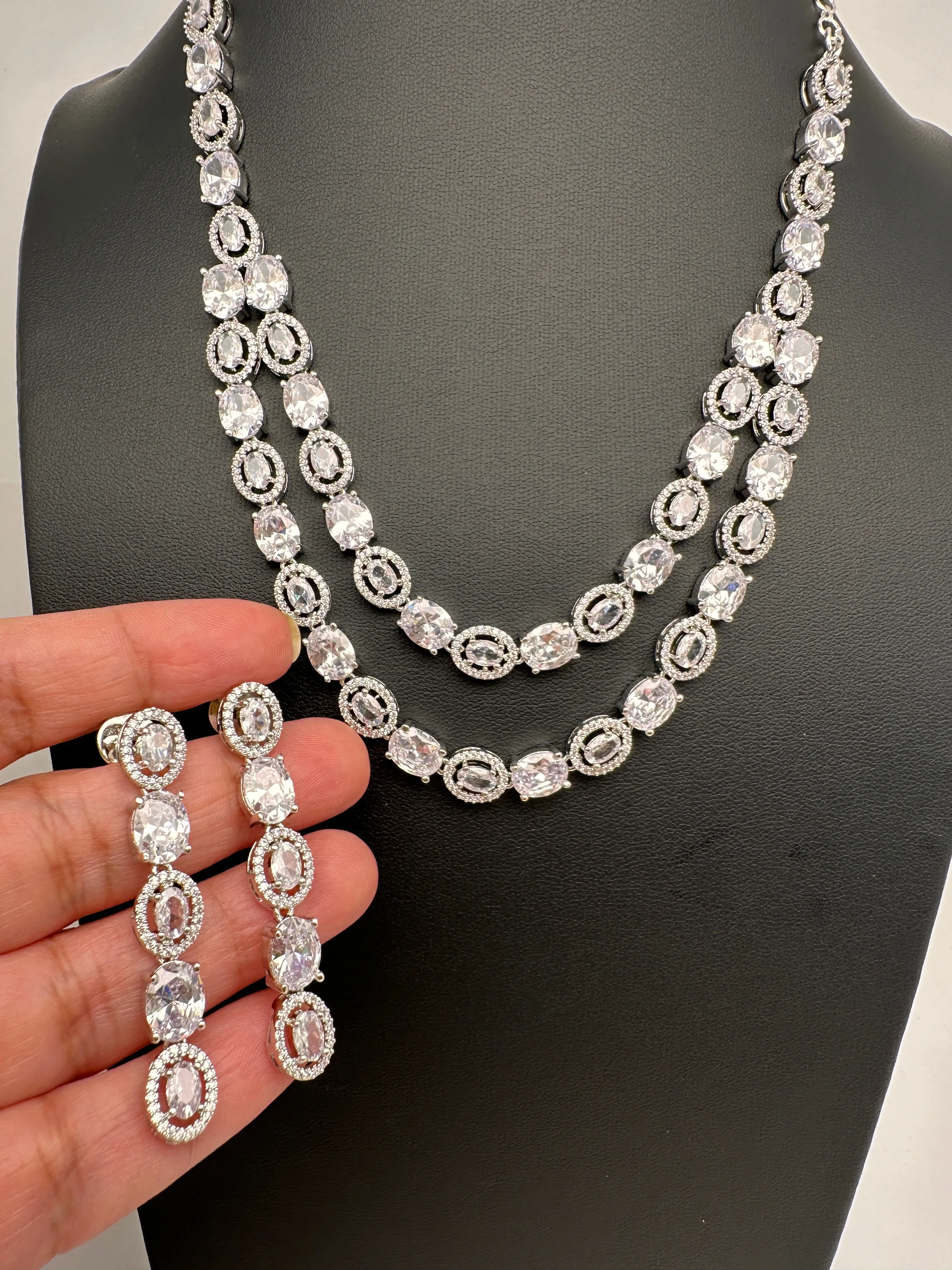 Cubic Zirconia Clear Stone Double Layer Short Necklace in Silver Finish