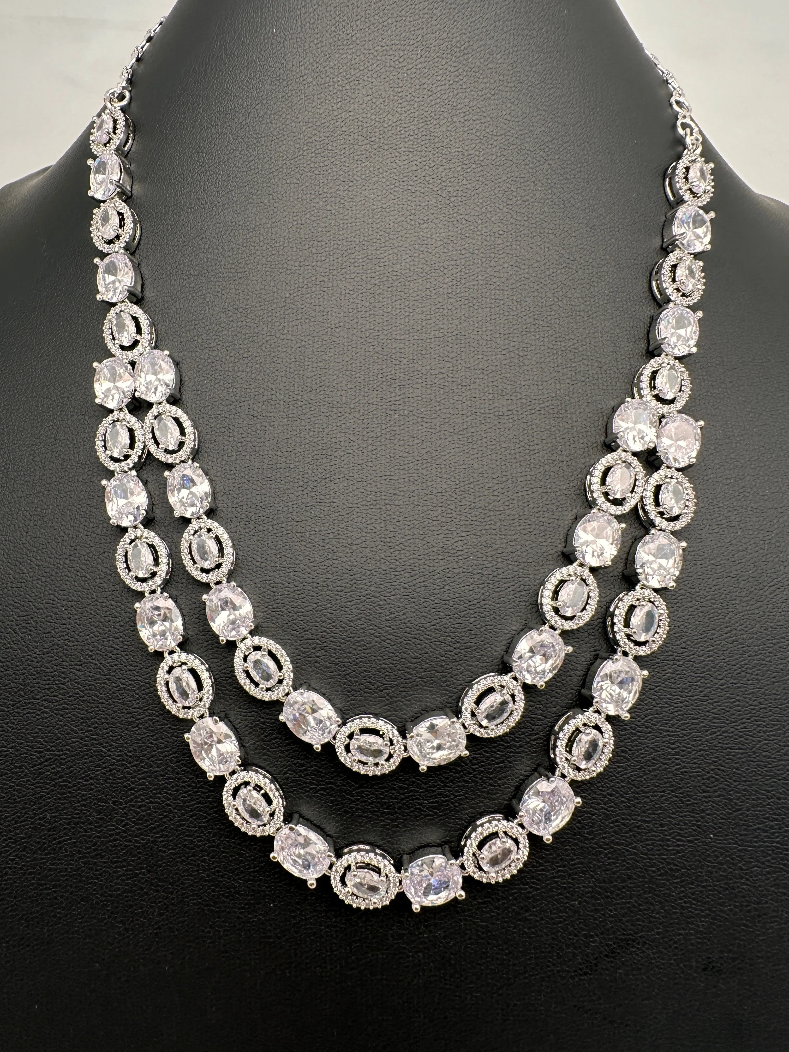 Cubic Zirconia Clear Stone Double Layer Short Necklace in Silver Finish
