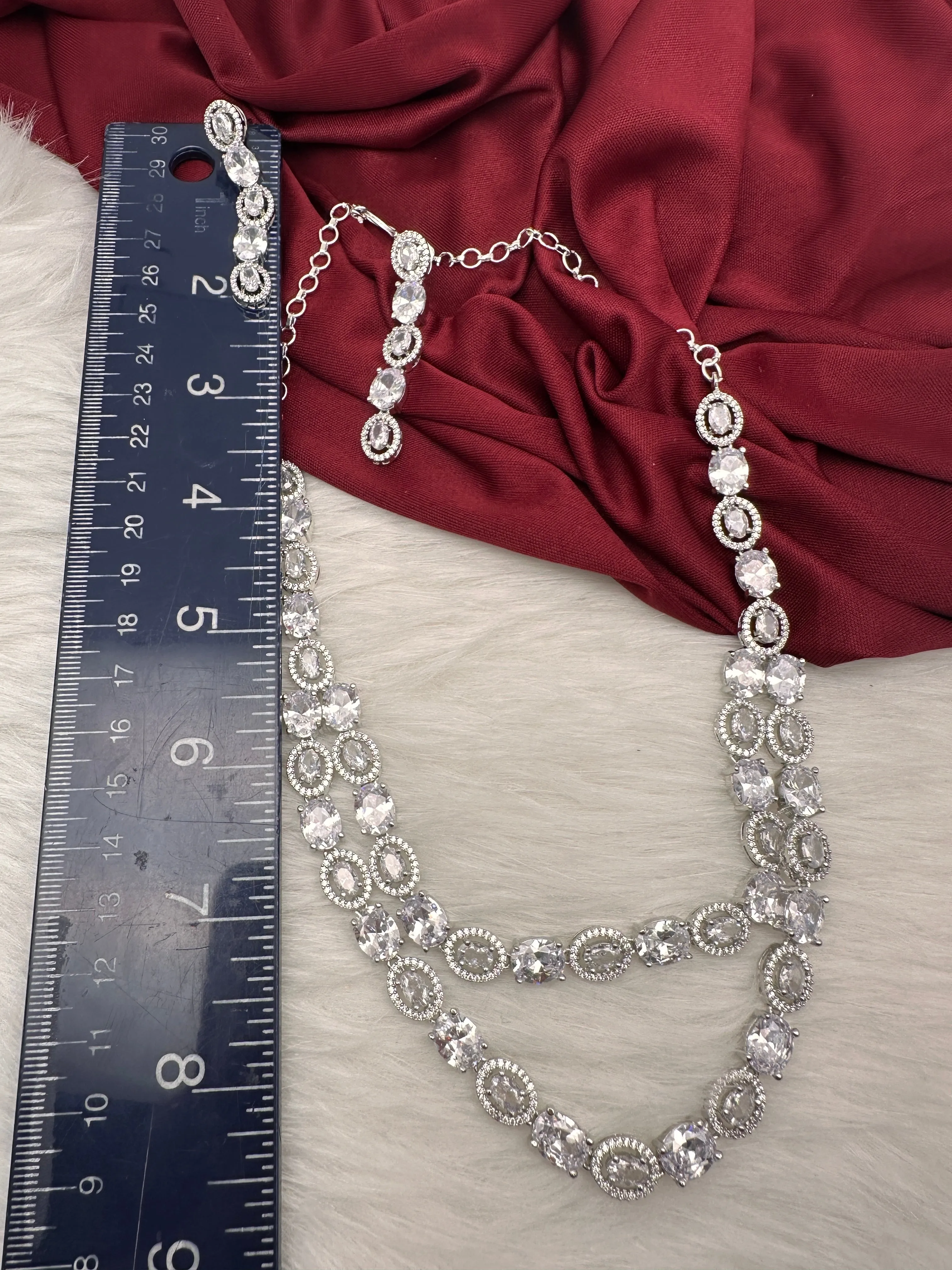 Cubic Zirconia Clear Stone Double Layer Short Necklace in Silver Finish