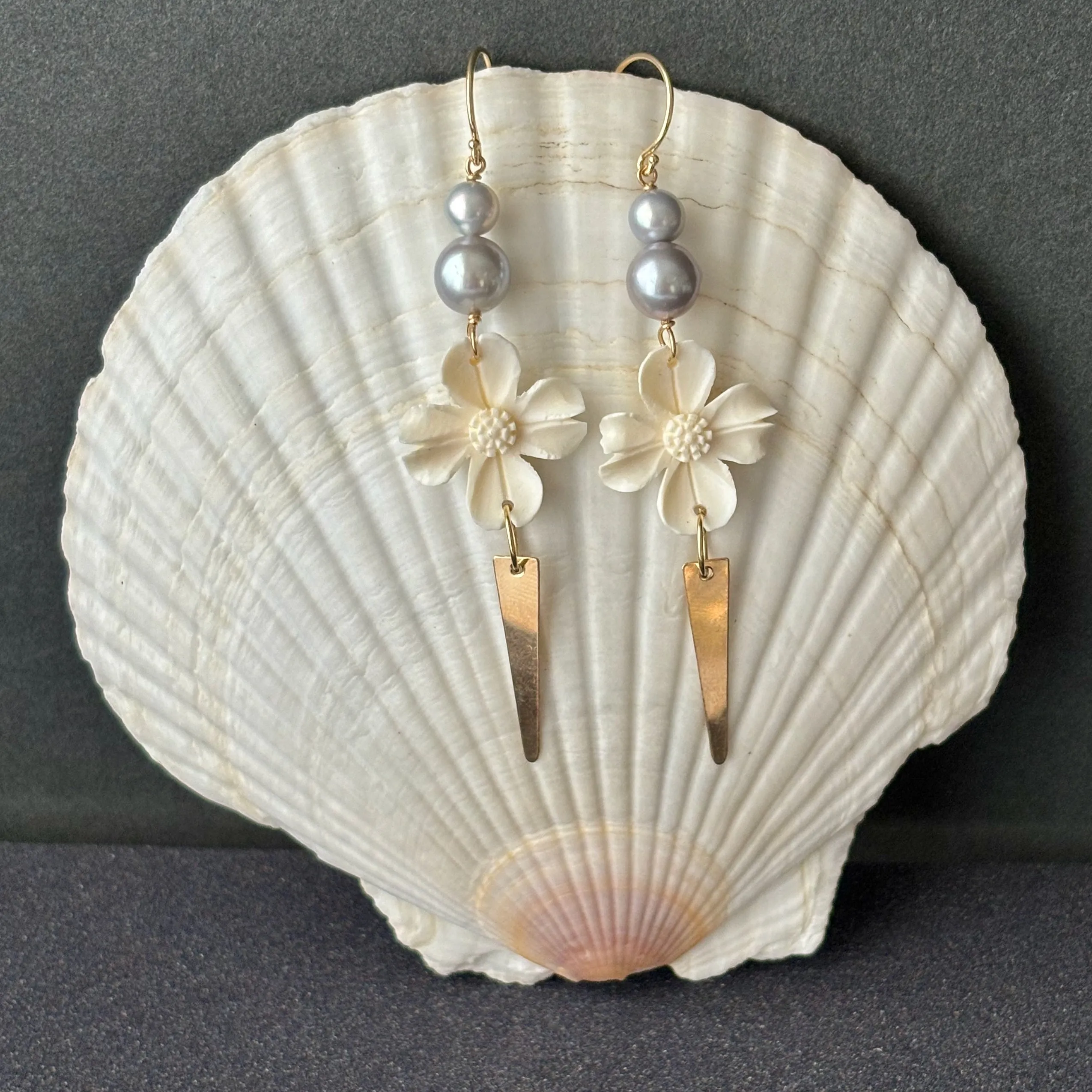 DOGWOOD BONE CARVING EARRINGS WITH SILVER FRESH WATER PEARLS #3