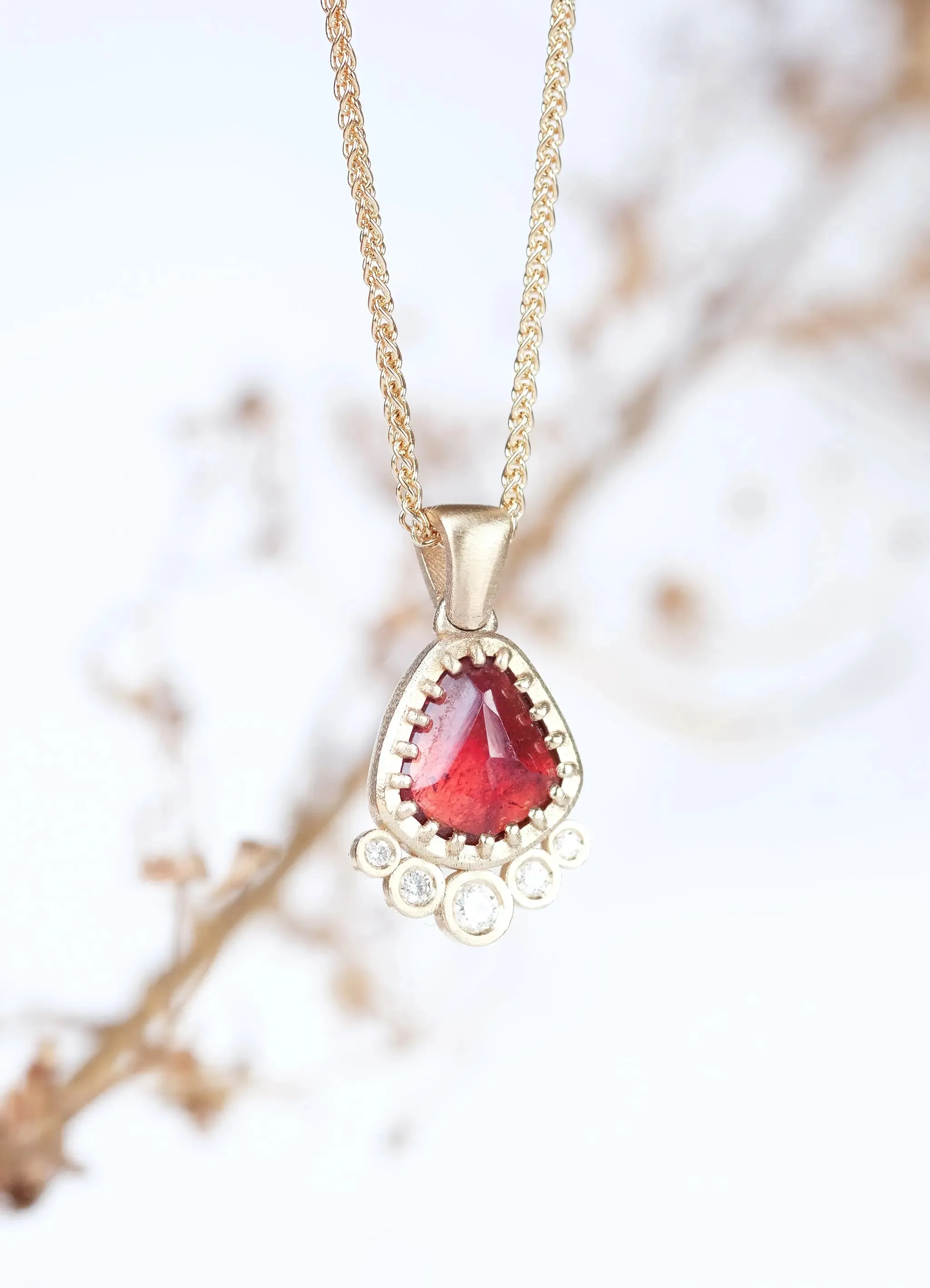 Dusky Pink/Orange Tourmaline & 9ct Yellow Gold Pendant