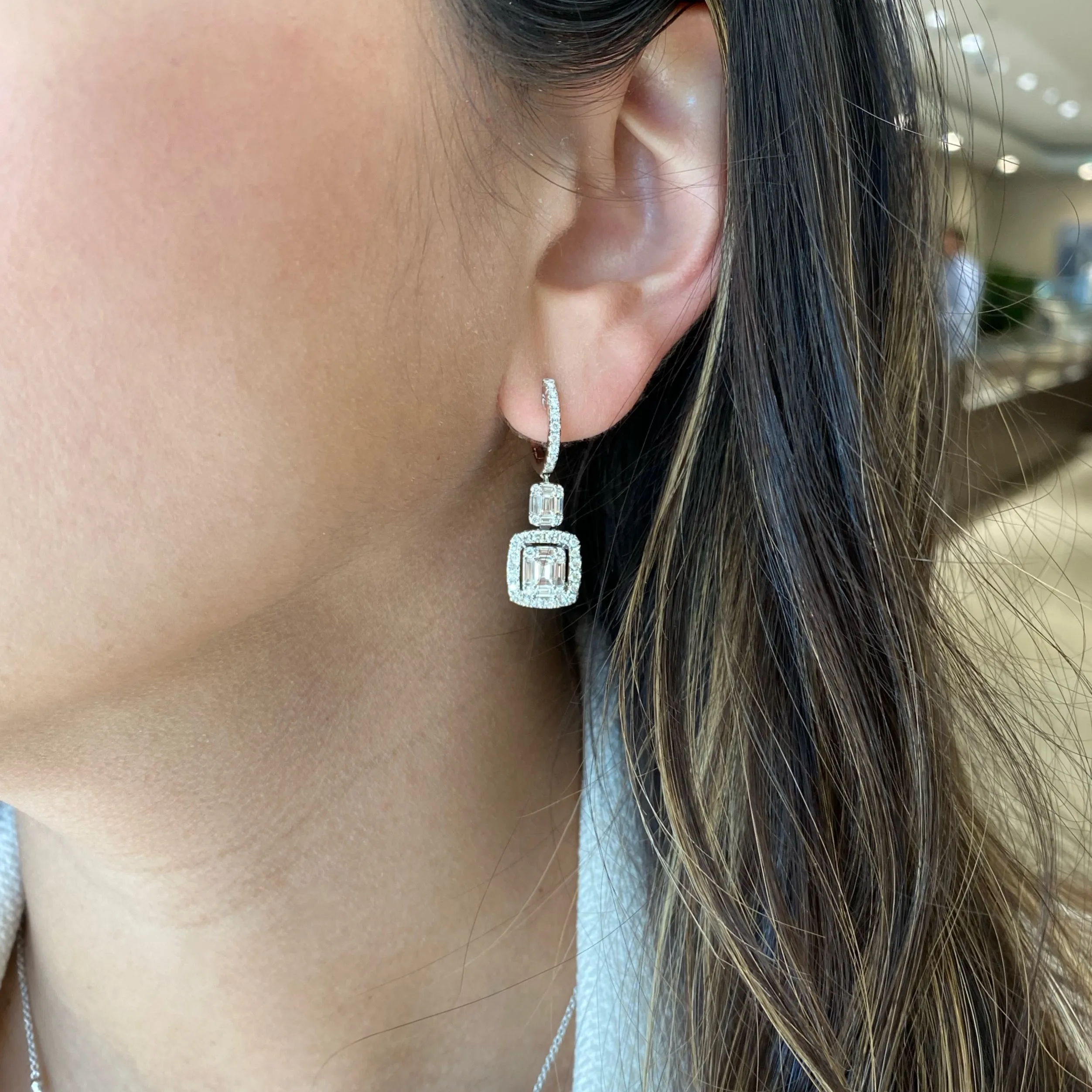 Emerald-Cut Diamond Illusion Dangle Earrings