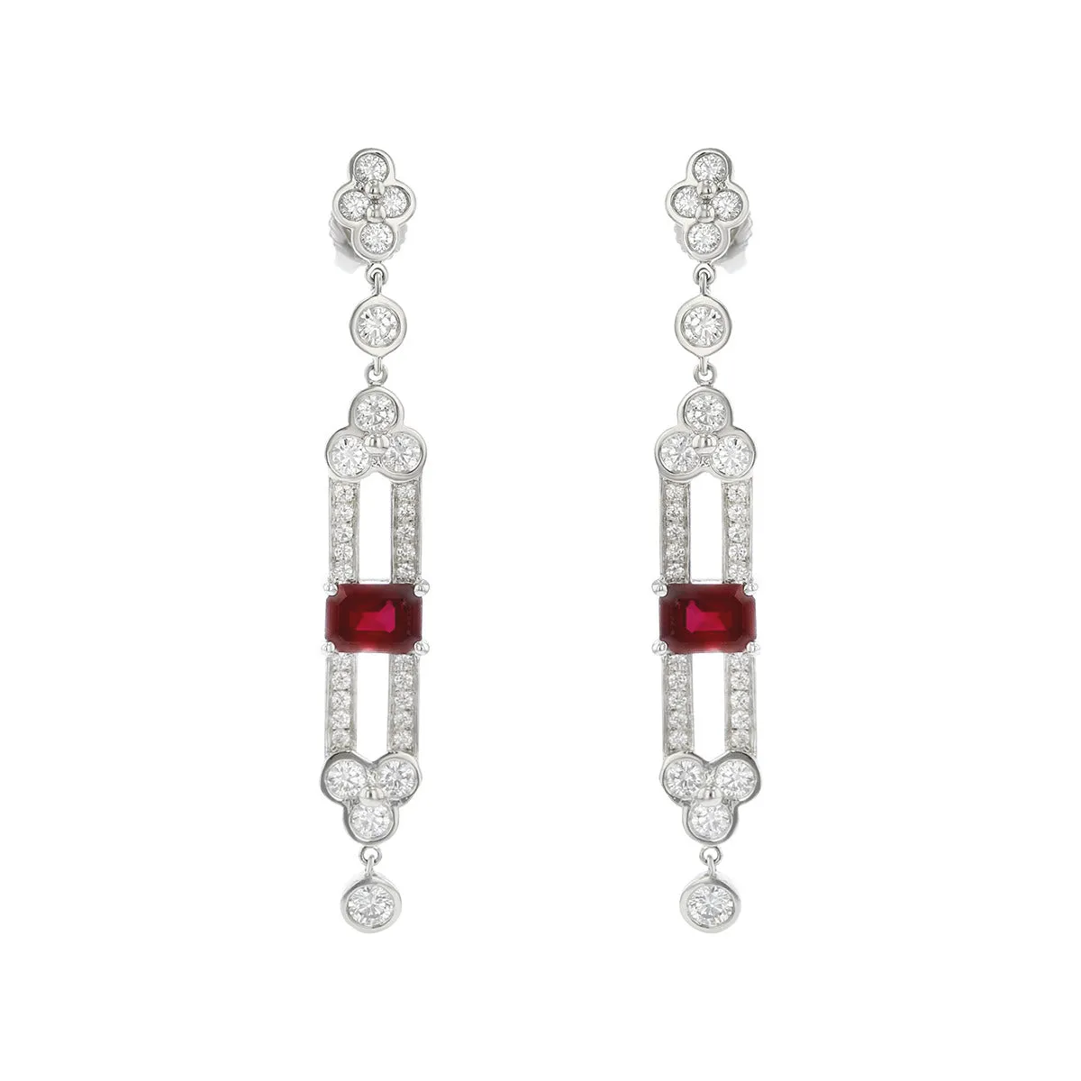 Emerald-cut Ruby and Diamond Lace Drop Earrings