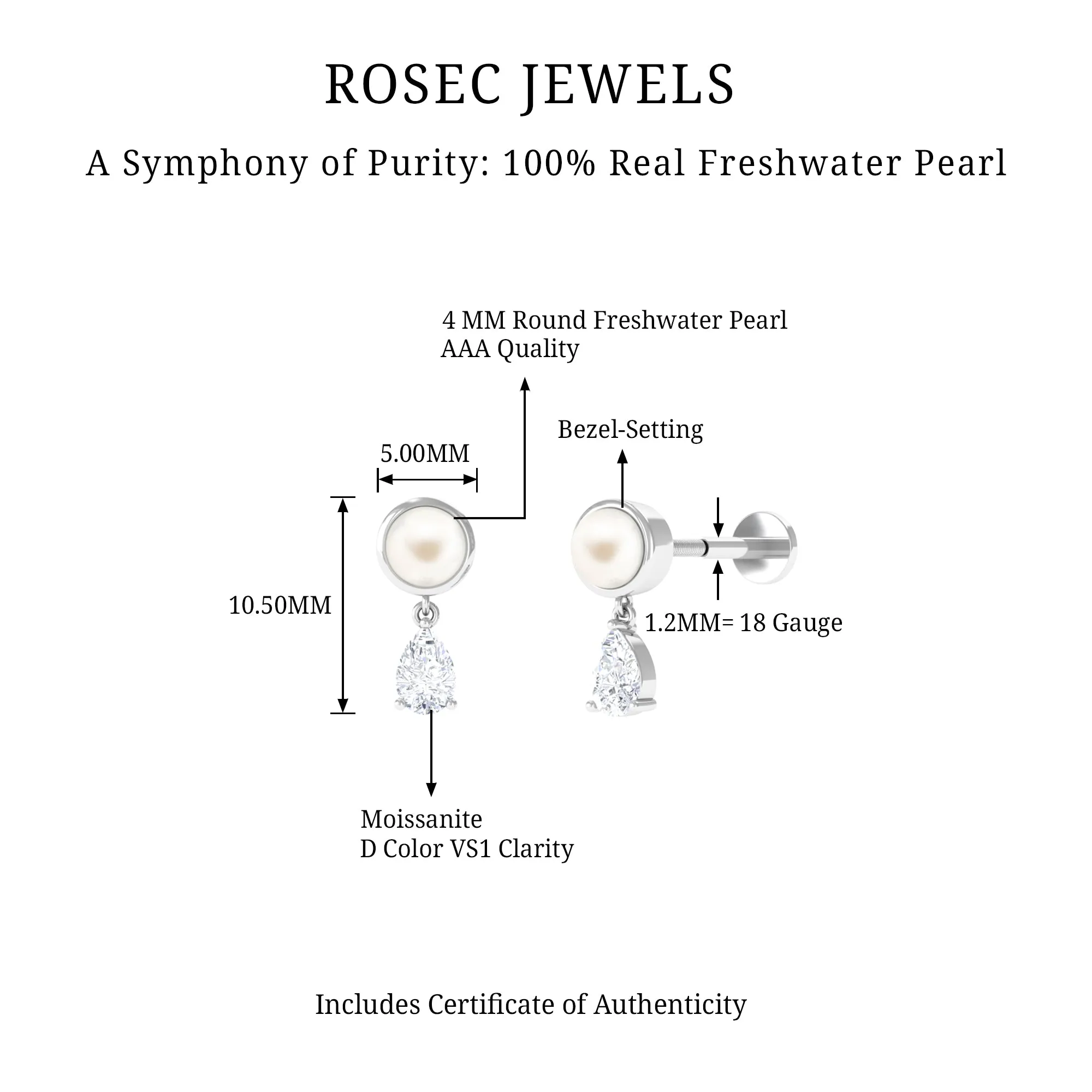Freshwater Pearl and Moissanite Dangling Cartilage Earring