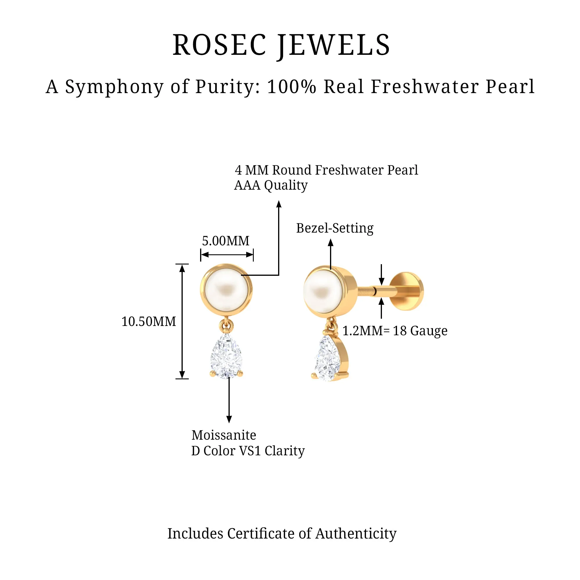 Freshwater Pearl and Moissanite Dangling Cartilage Earring