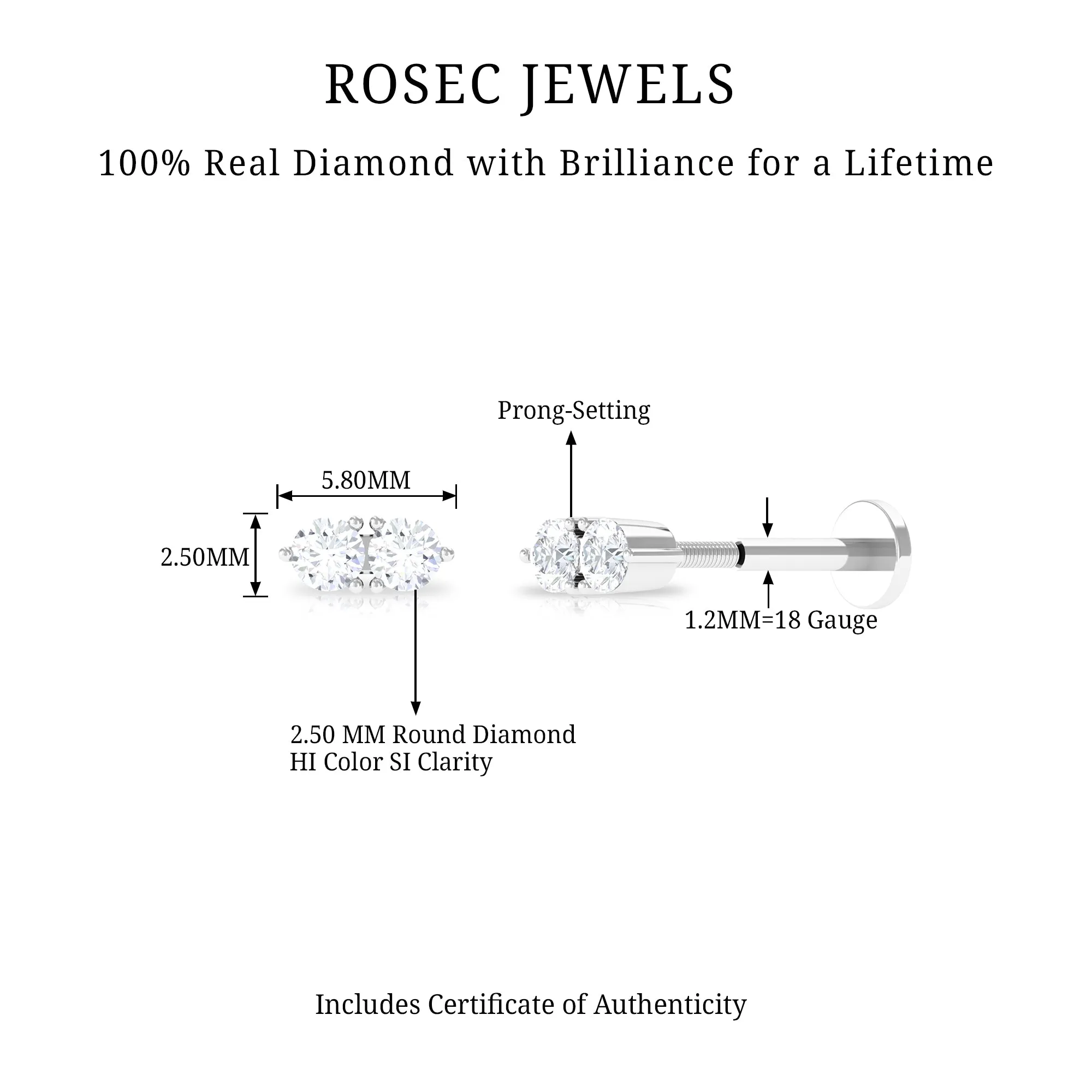 Genuine Diamond Two Stone Earring for Tragus Piercing
