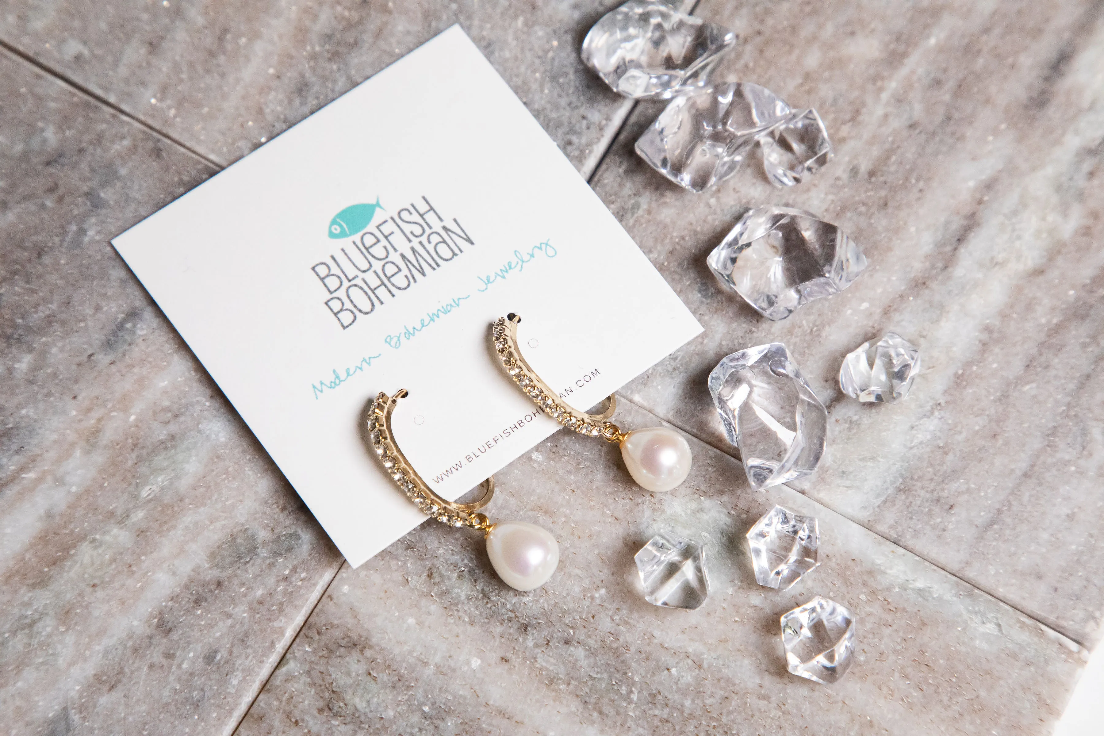 Genuine Gold Pearl Drop Sparkly Hoop Earrings ~ High Quality Pearls & Cubic Zirconia