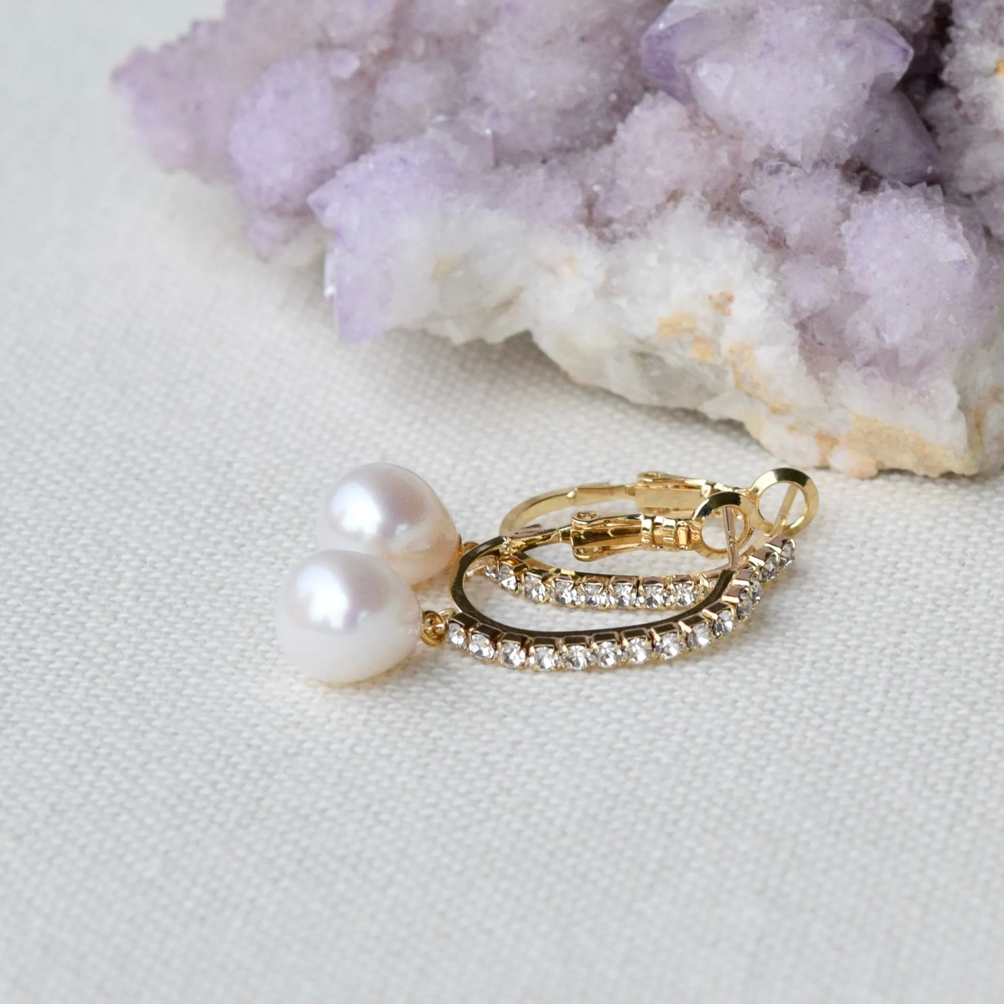 Genuine Gold Pearl Drop Sparkly Hoop Earrings ~ High Quality Pearls & Cubic Zirconia