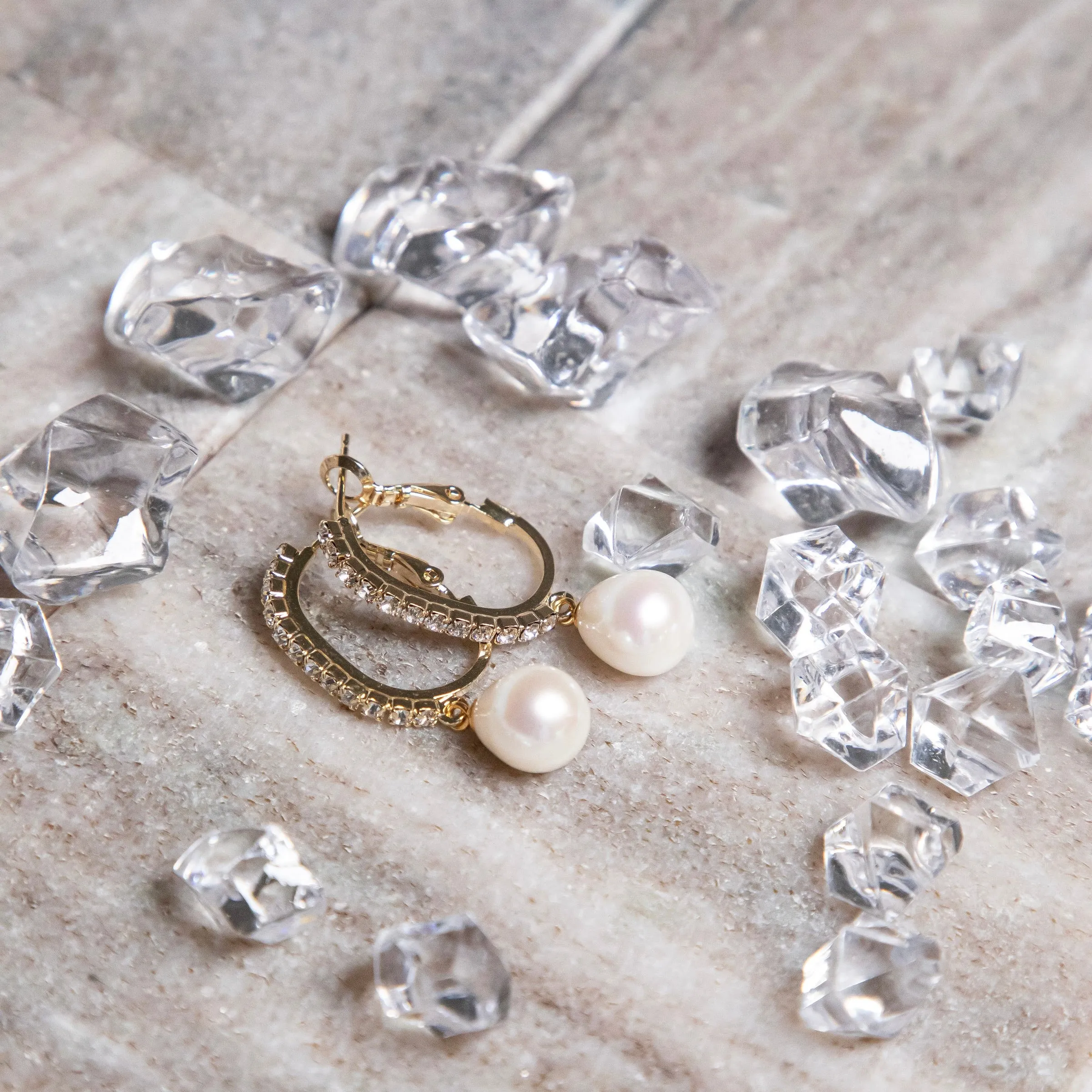 Genuine Gold Pearl Drop Sparkly Hoop Earrings ~ High Quality Pearls & Cubic Zirconia
