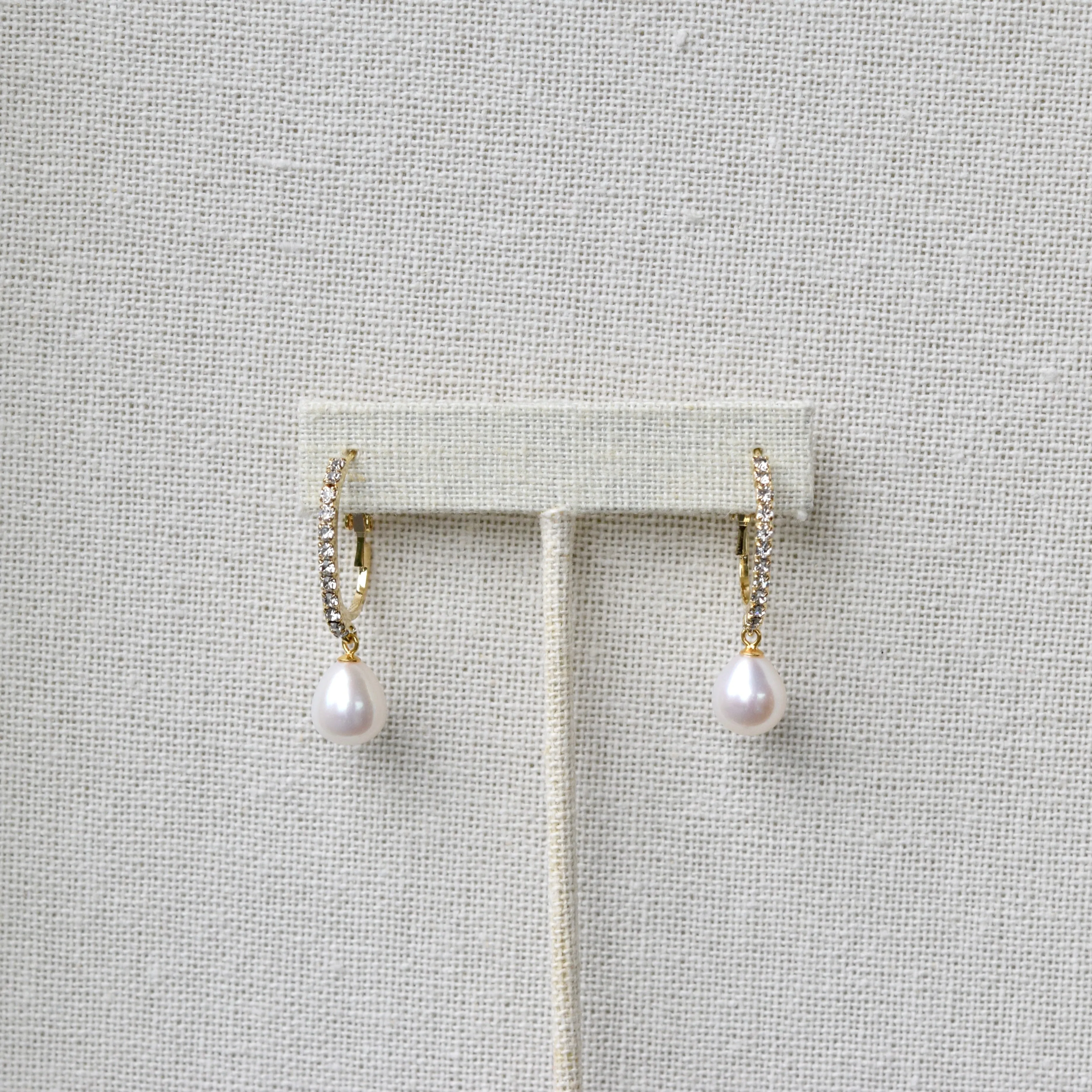Genuine Gold Pearl Drop Sparkly Hoop Earrings ~ High Quality Pearls & Cubic Zirconia
