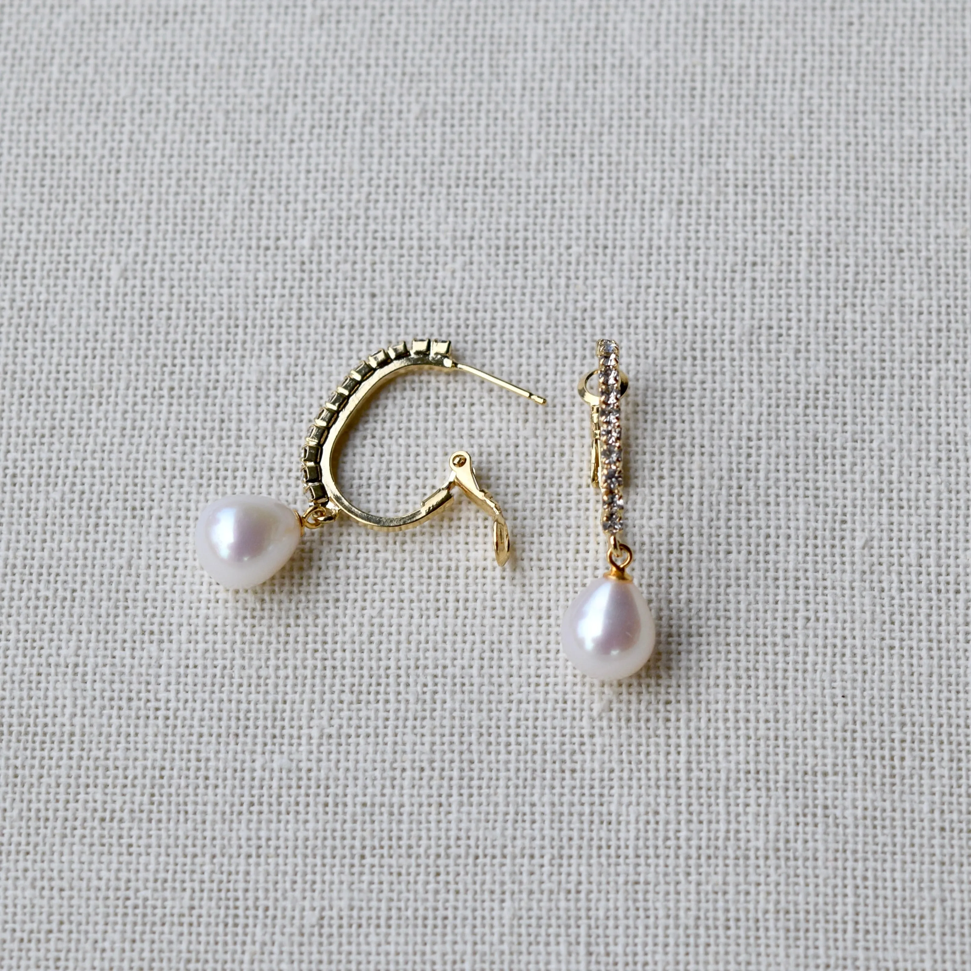 Genuine Gold Pearl Drop Sparkly Hoop Earrings ~ High Quality Pearls & Cubic Zirconia