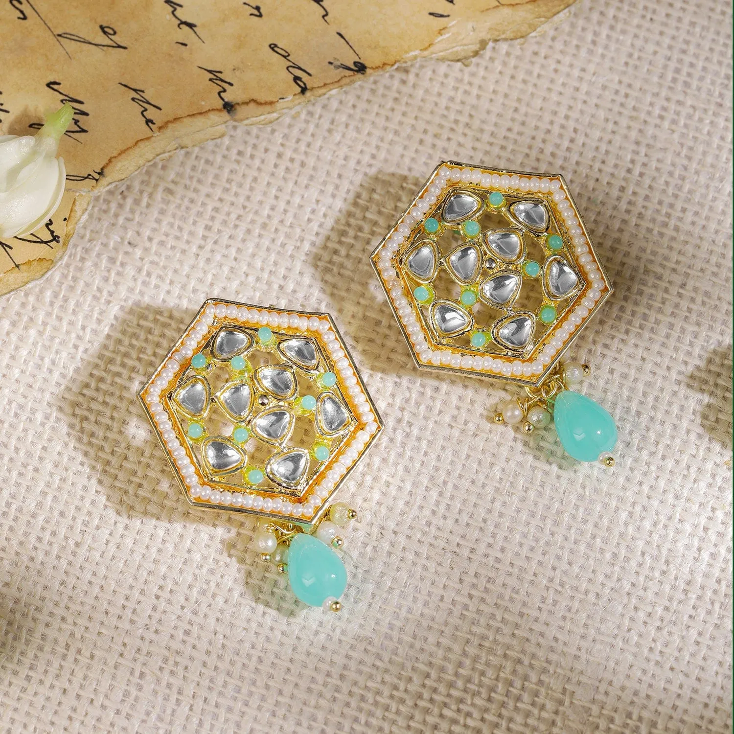 Gold Plated Kundan White & Blue Beads Stud Earrings